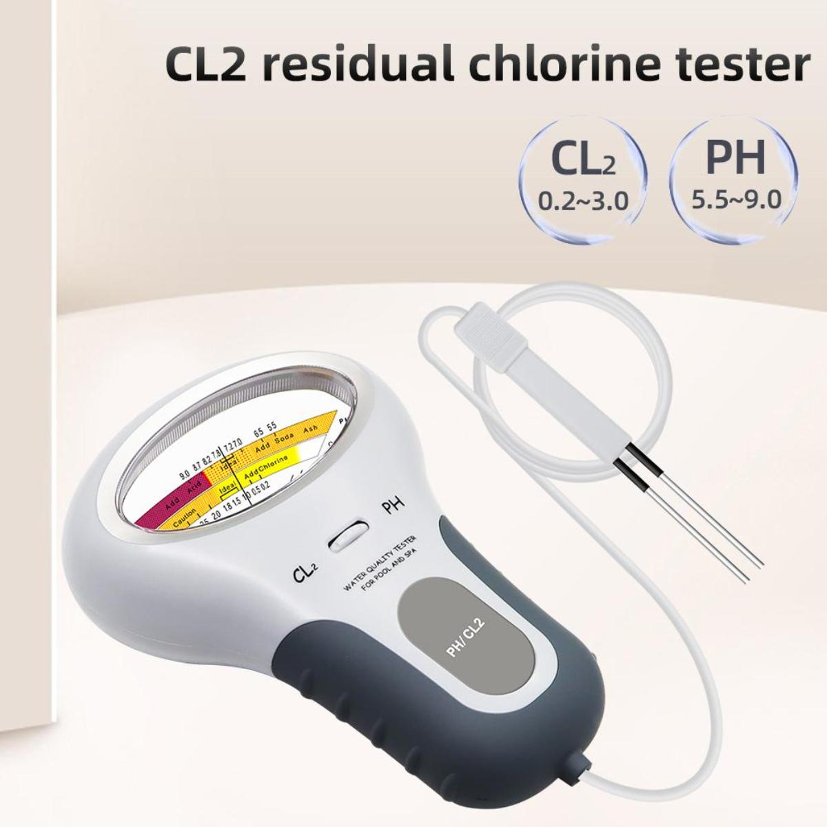Ein weißes und graues CL2-Restchlor-Testgerät. Es hat ein Display, mit einer Sonde und einem Kabel. Das Bild zeigt CL2- und PH-Werte.