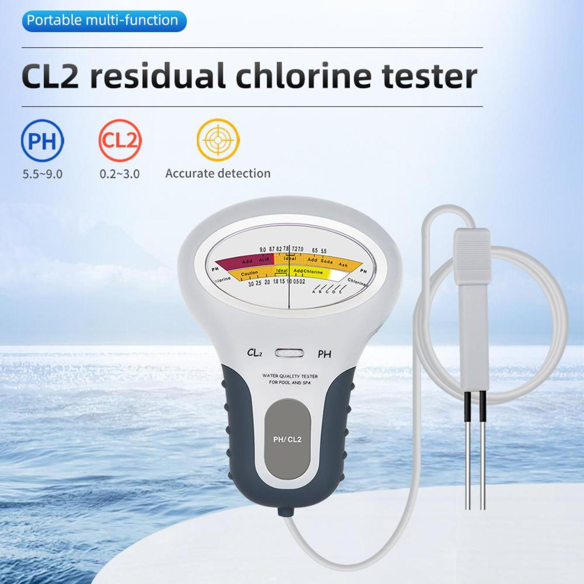 CL2-Restchlor-Tester. Weißes Gerät mit Display. Text: PH und CL2. Genaue Erkennung. Sonde und Kabel befestigt.