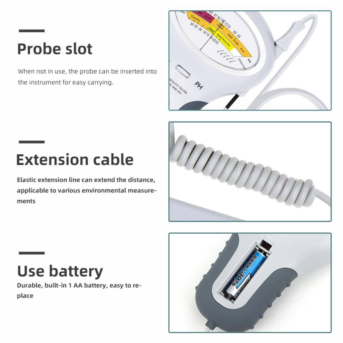 Teile des pH-Testgeräts: Sonde, Spiralkabel und Batteriefach. Enthält ein detailliertes Messgerät mit Messwerten.