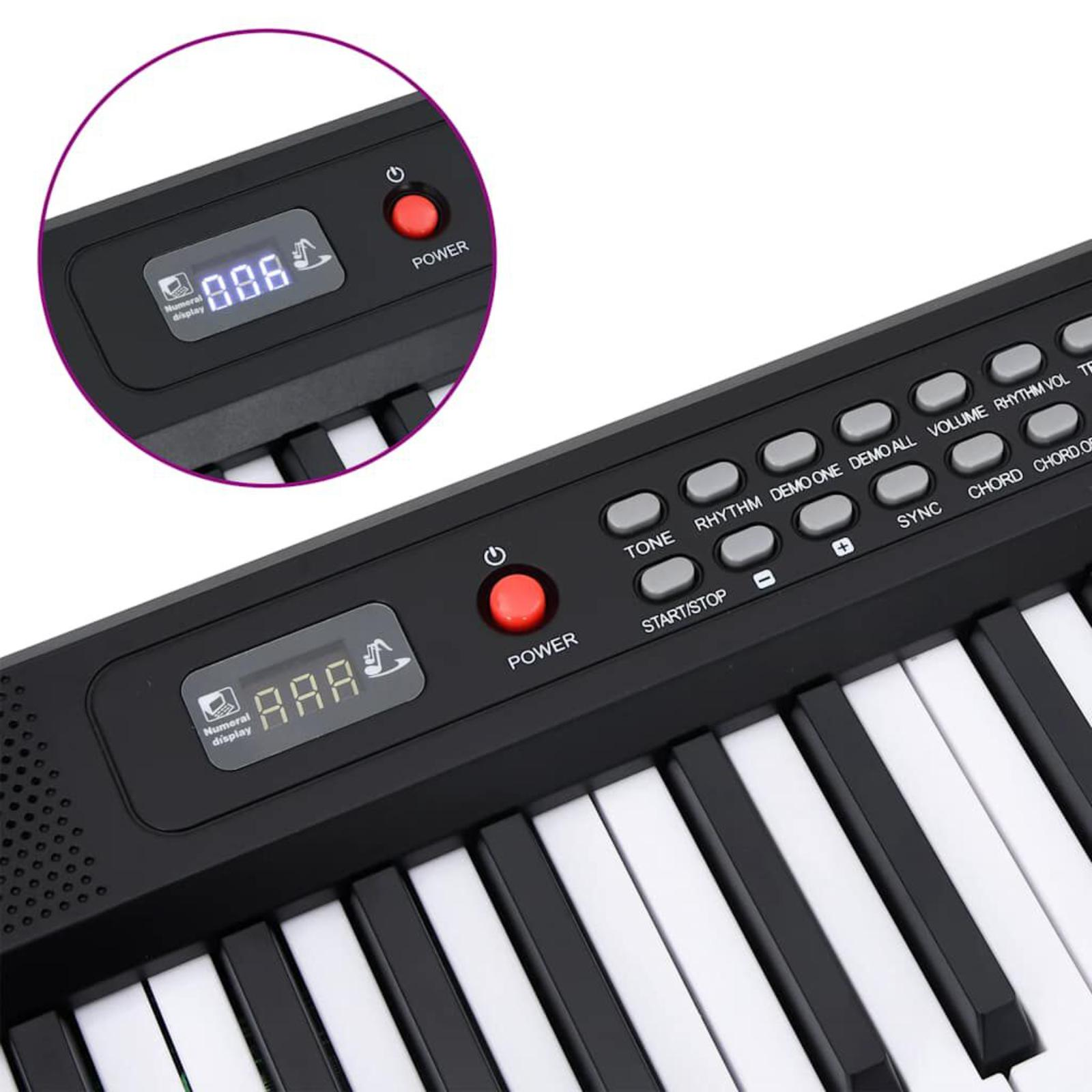 Nahaufnahme einer schwarzen Tastatur mit weißen Tasten. Anzeigen umfassen eine numerische Anzeige, eine Power-Taste und Funktionstasten.