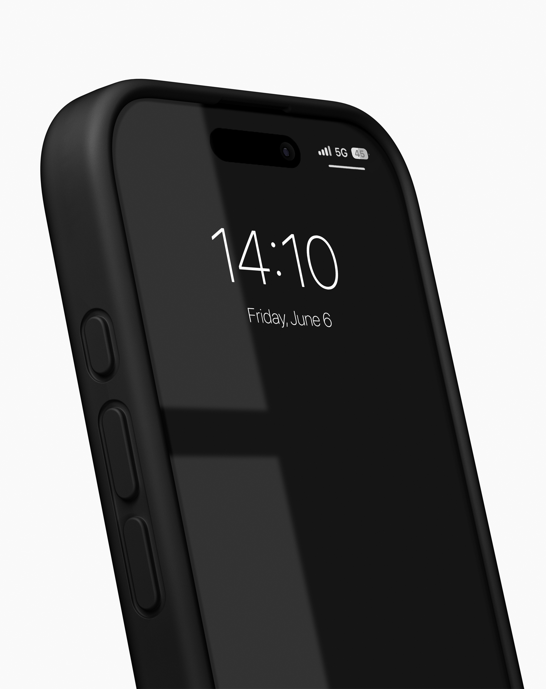 Schwarzes Smartphone mit 14:10-Zeitanzeige. Seitentasten sichtbar. Weißer Hintergrund.