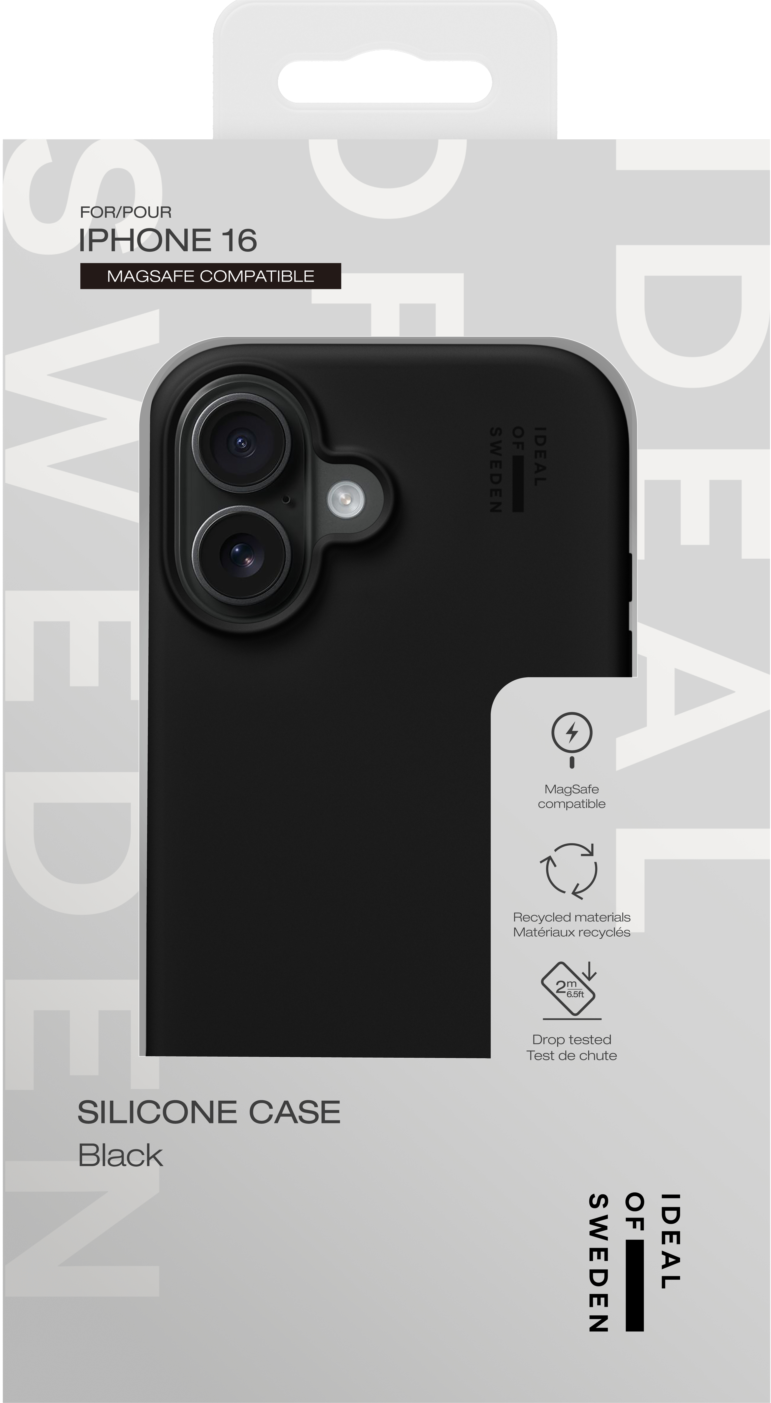 Schwarzes Silikon Case für iPhone 16. MagSafe-kompatibel und aus recyceltem Material. Fallgetestet bis zu 2 Meter.