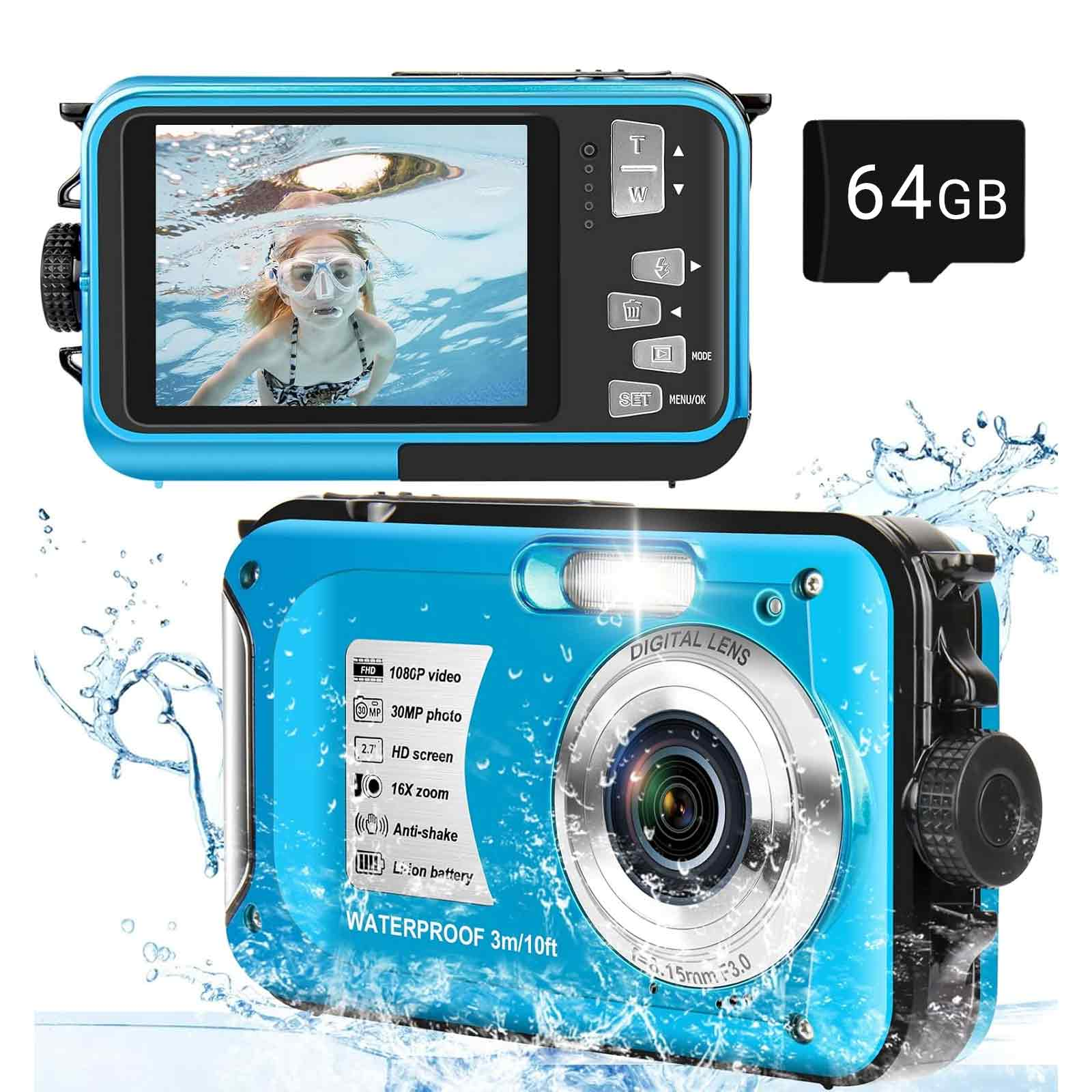 Blaue wasserdichte Kamera mit Bildschirm, der ein Mädchen unter Wasser zeigt. Enthält eine 64GB-Karte.