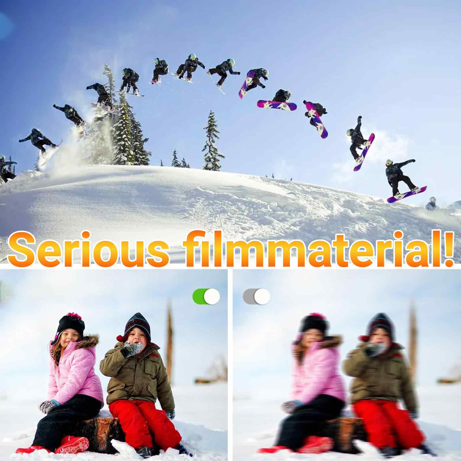 Snowboarder springen, zwei Kinder sitzen auf einem Baumstumpf. Text: Ernsthaftes Filmmaterial! Umschalter, verschwommene und klare Versionen.