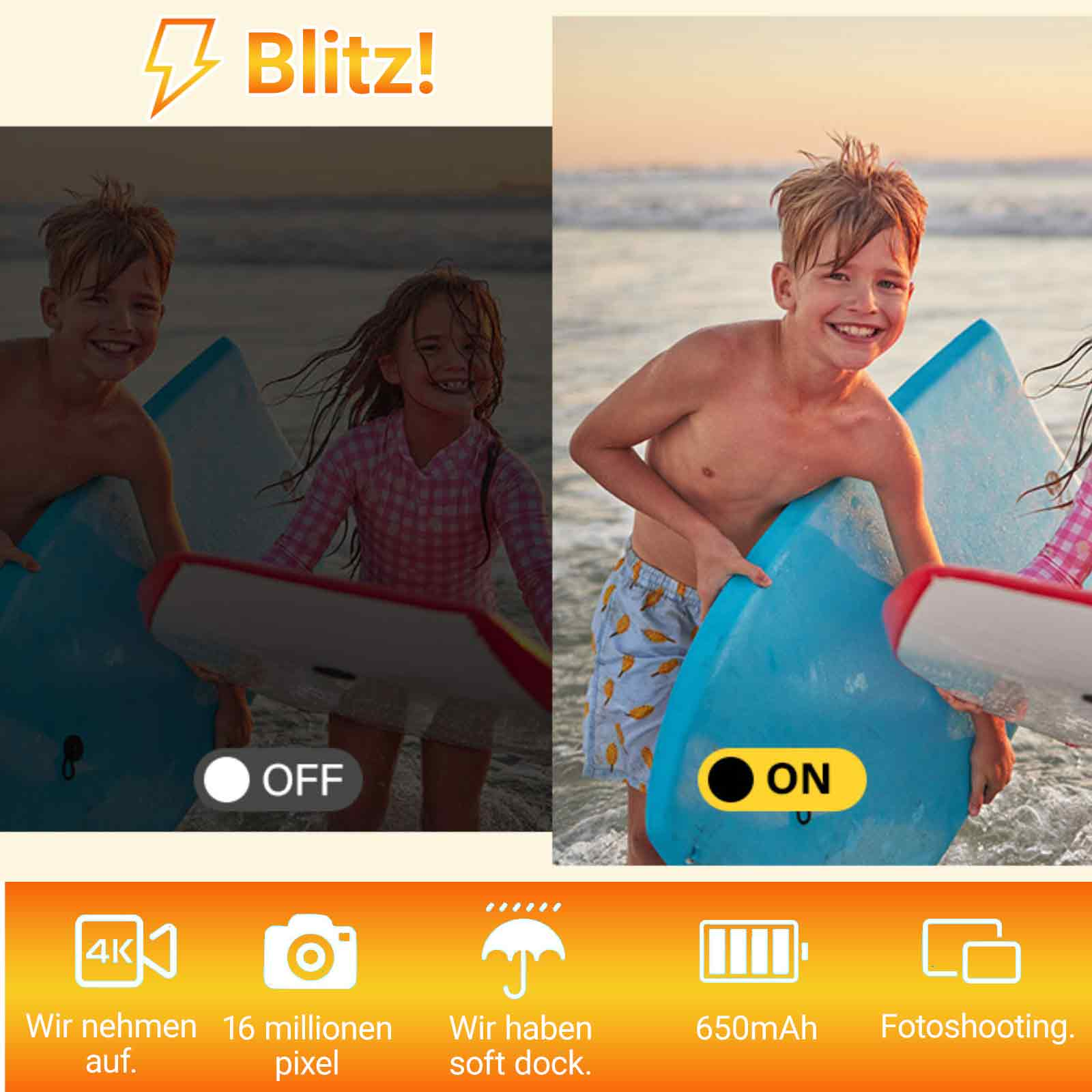 Zwei Kinder mit Surfbrettern am Strand, ein Bild ist aus und eines an. Text zeigt Funktionen wie 4k, 16MP, Soft Dock usw.