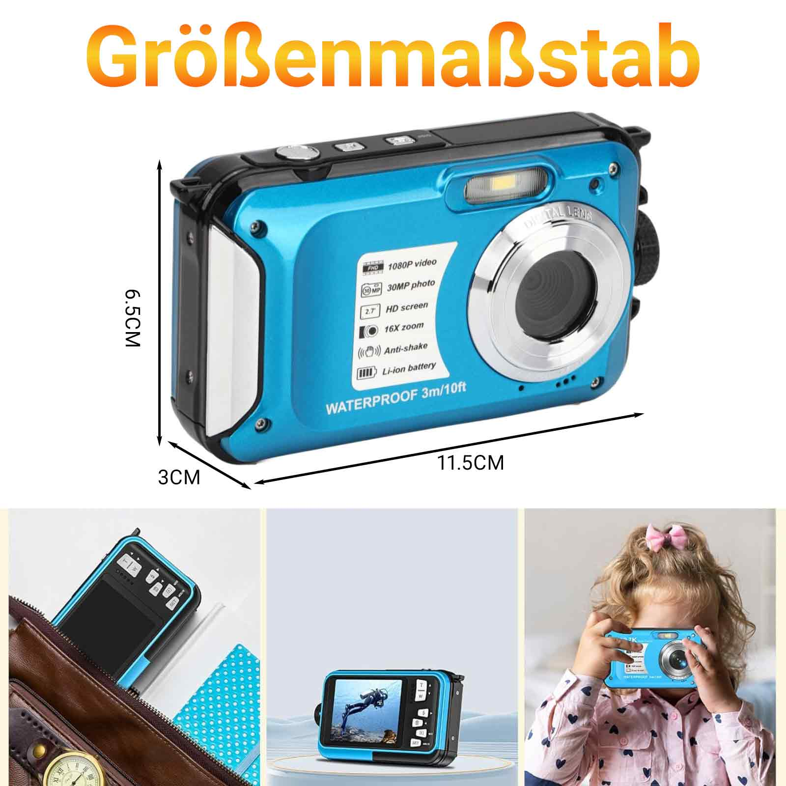 Blaue, wasserdichte Digitalkamera mit Maßen. Zeigt ein Kind, das eine Kamera hält, und ein weiteres Foto einer Kamera in einem Etui.