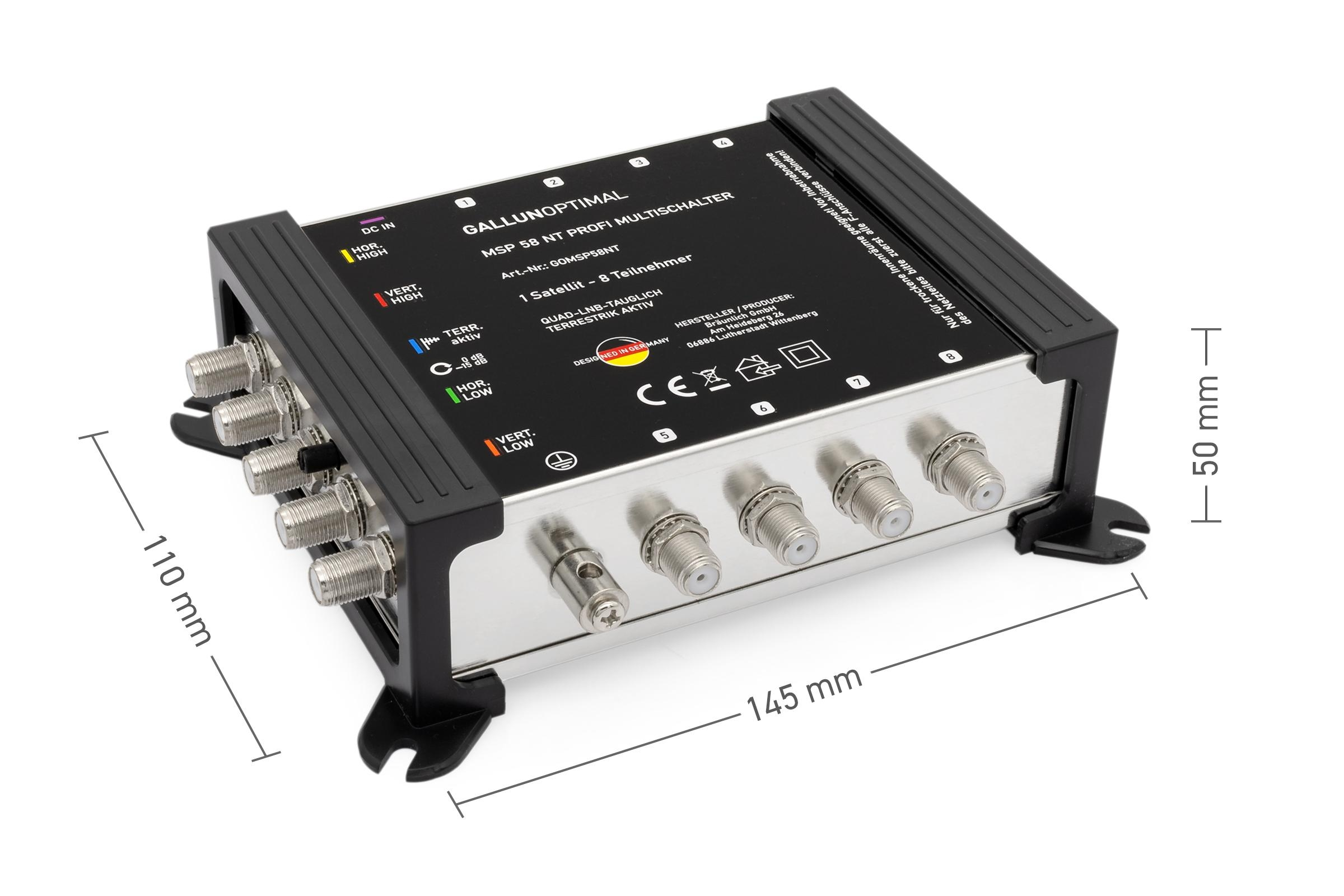 Schwarzer und silberner Satelliten-Multiswitch mit beschrifteten Abmessungen. Es hat Ein- und Ausgänge.