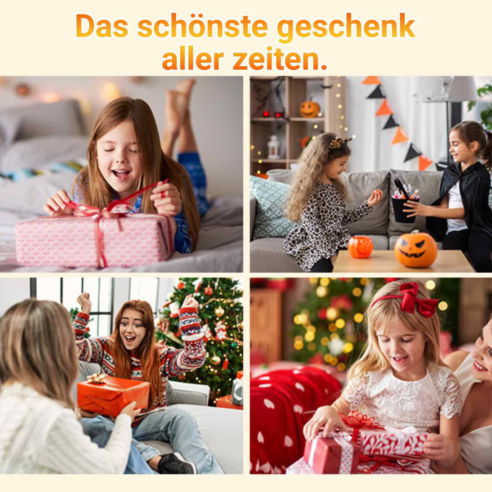 Vier Bilder von Menschen, die Geschenke auspacken. Szenen umfassen ein Mädchen mit einem Geschenk, Halloween-Kostüme und Weihnachtsbäume.