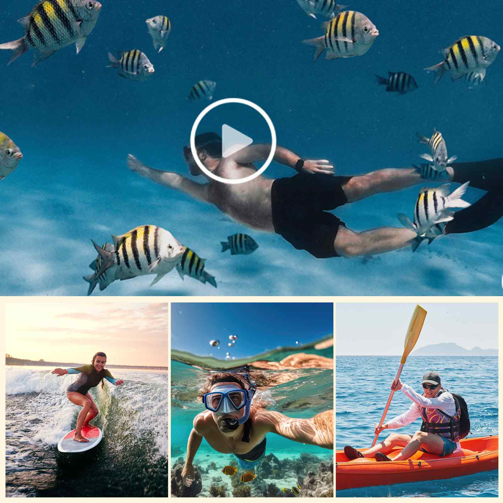 Menschen beim Schnorcheln, Surfen und Kajakfahren. Unterwasserszene mit Fischen. Wiedergabetaste überlagert.