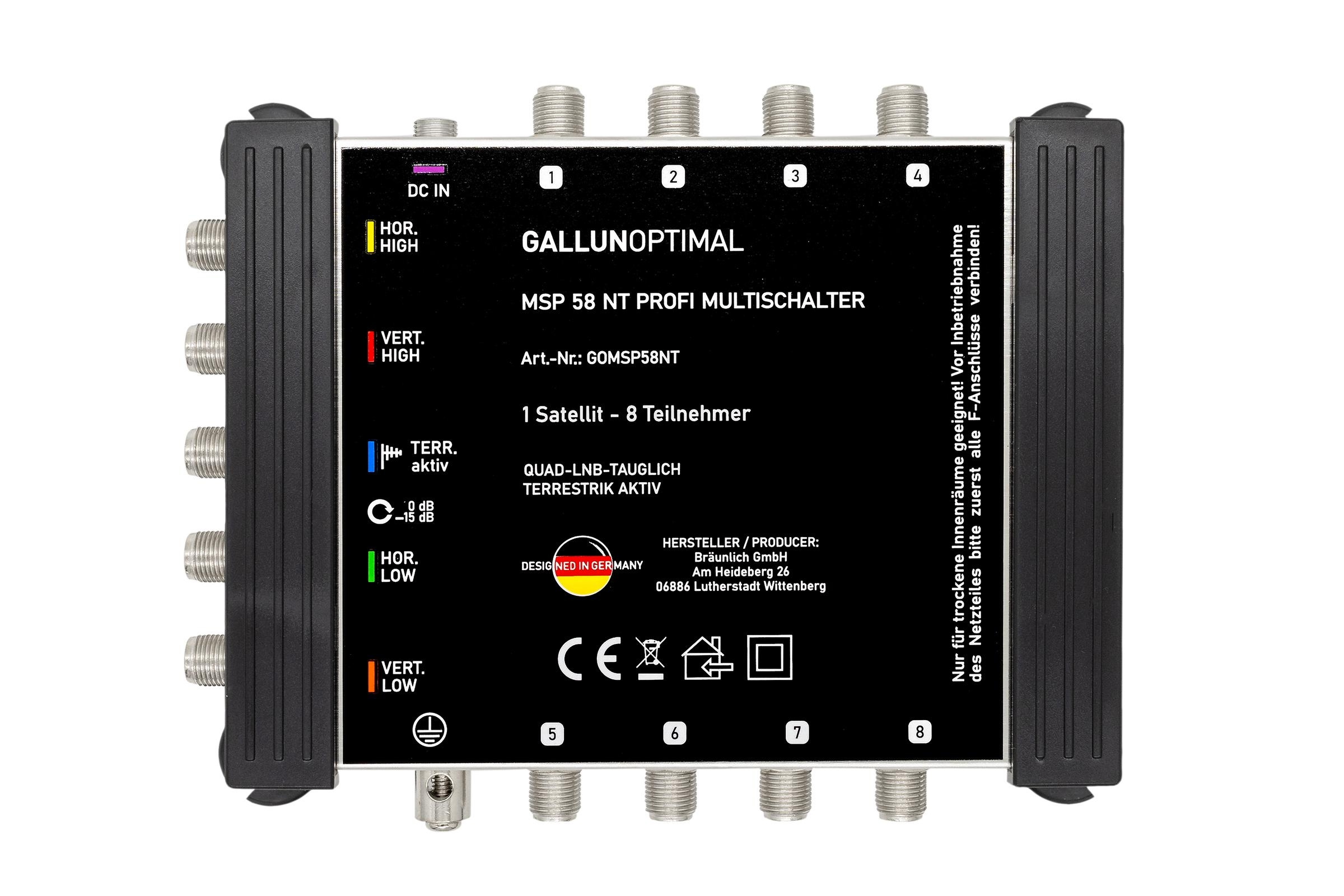 Schwarzer Gallunoptimal MSP 58 NT Multiswitch mit beschrifteten Ein-/Ausgängen. Text enthält 'Designed in Germany' und technische Daten.