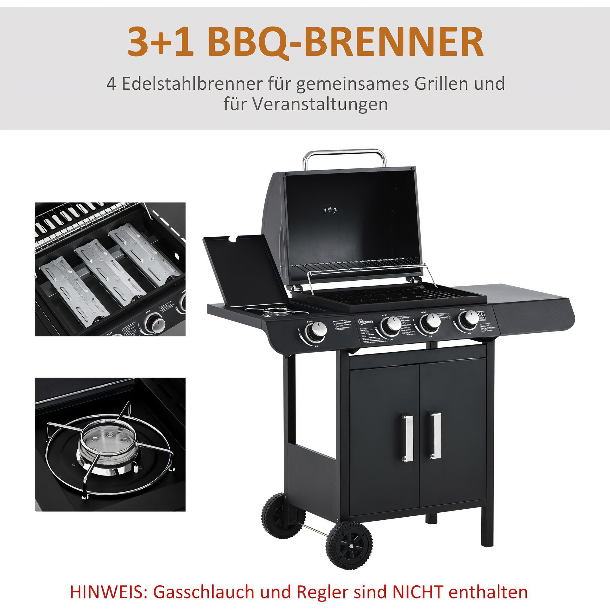 Ein schwarzer Grill mit 4 Brennern, offenem Deckel, Seitenablage und Rädern. Text: BBQ-BRENNER und 3+1.