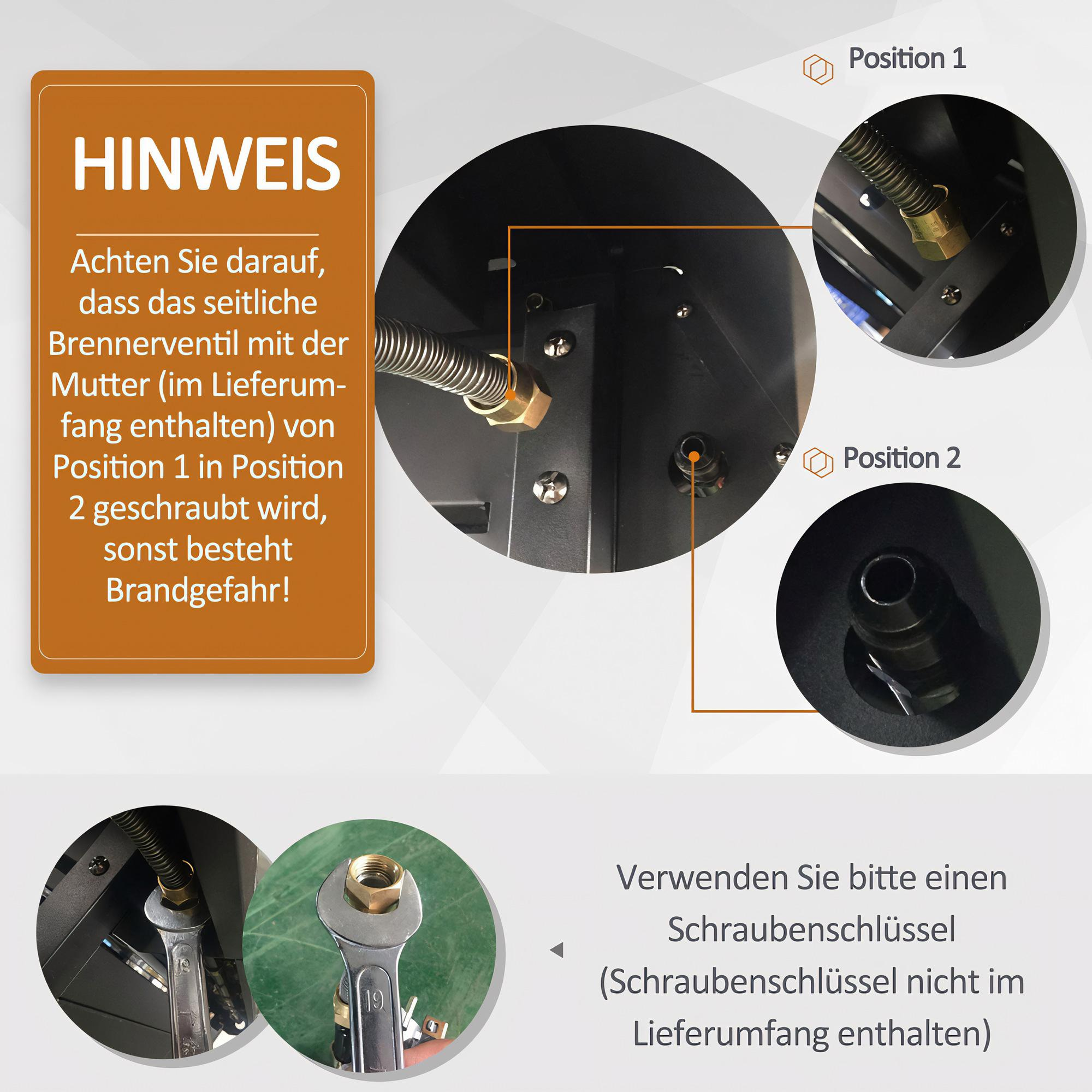 Diagramm zeigt Gasanschlüsse. Text warnt vor korrekter Positionierung. Werkzeuge sind für die Montage dargestellt.