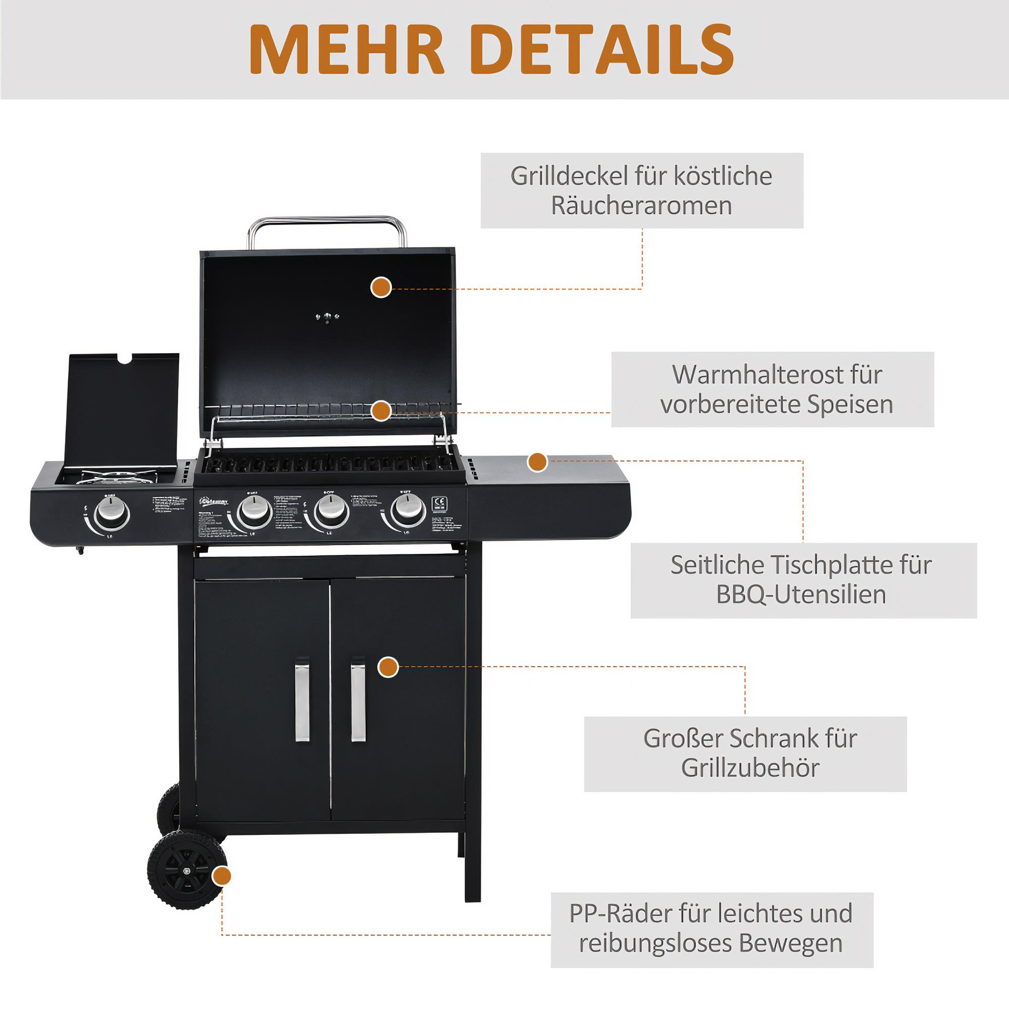 Schwarzer Grill mit offenem Deckel, Beistelltisch, Schrank und Rädern. Textlabels heben Merkmale hervor.