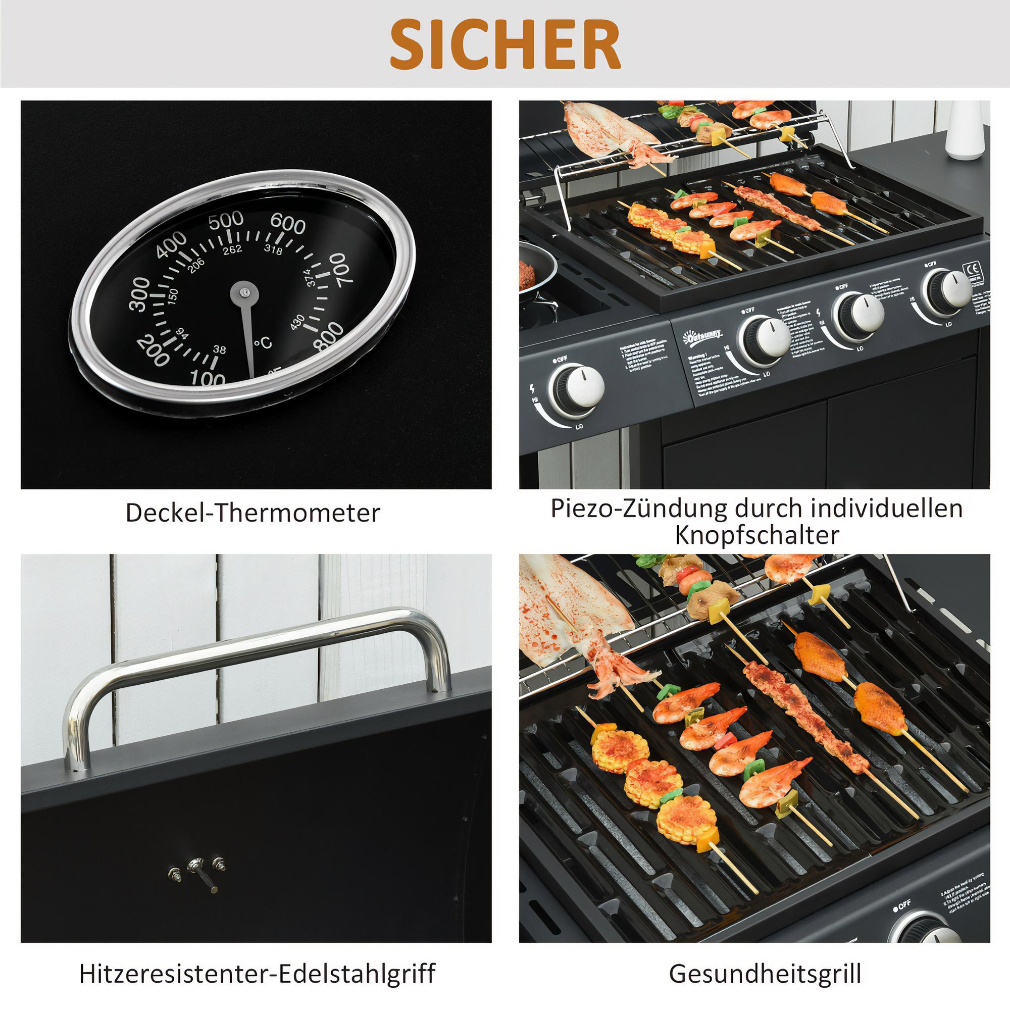 Grill mit Thermometer, Edelstahlgriff und Essen. Enthält Spieße, Garnelen und Mais.