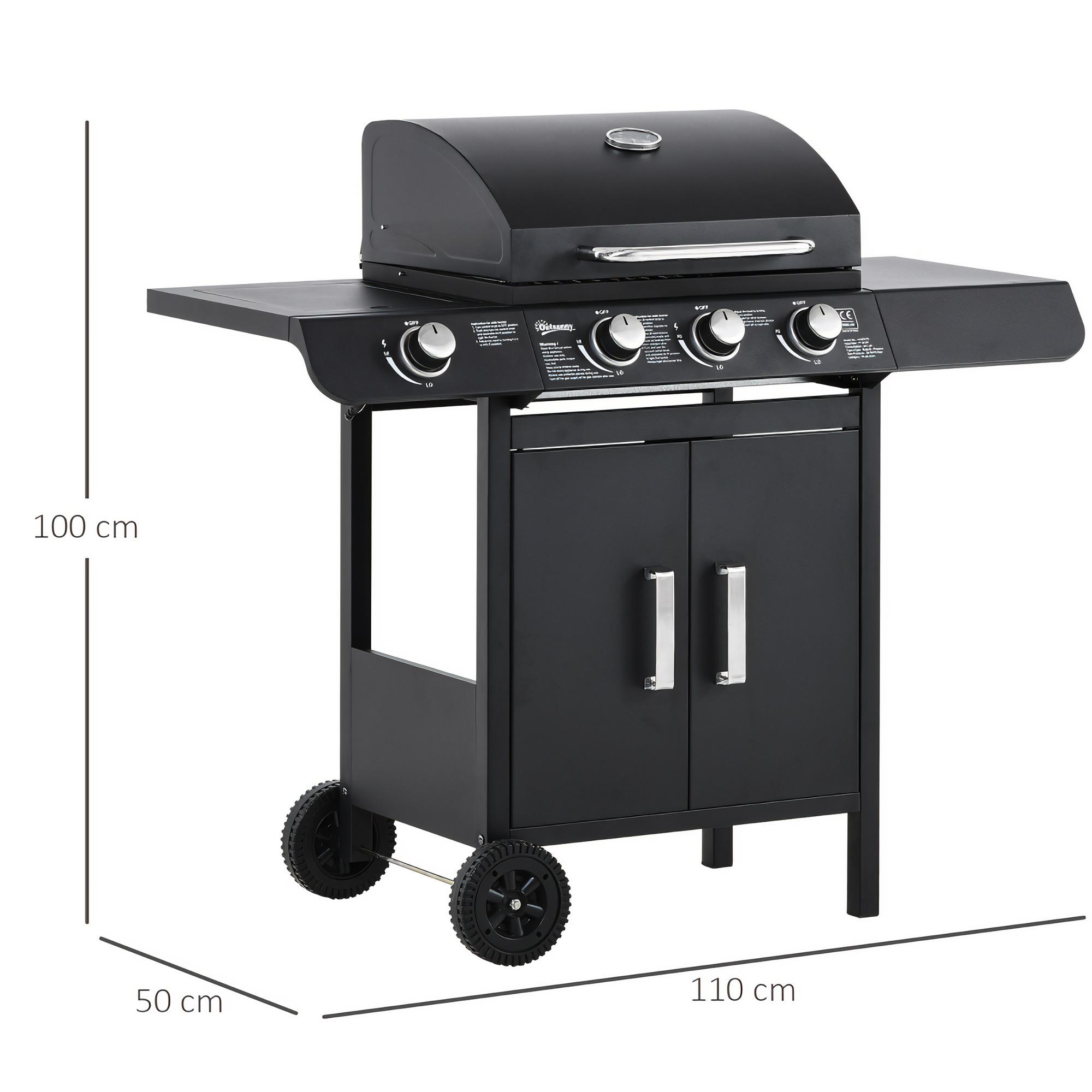 Schwarzer Grill mit Seitentischen und einem Schrank auf Rädern. Abmessungen: 110x50x100 cm. Der Grill steht auf weißem Hintergrund.