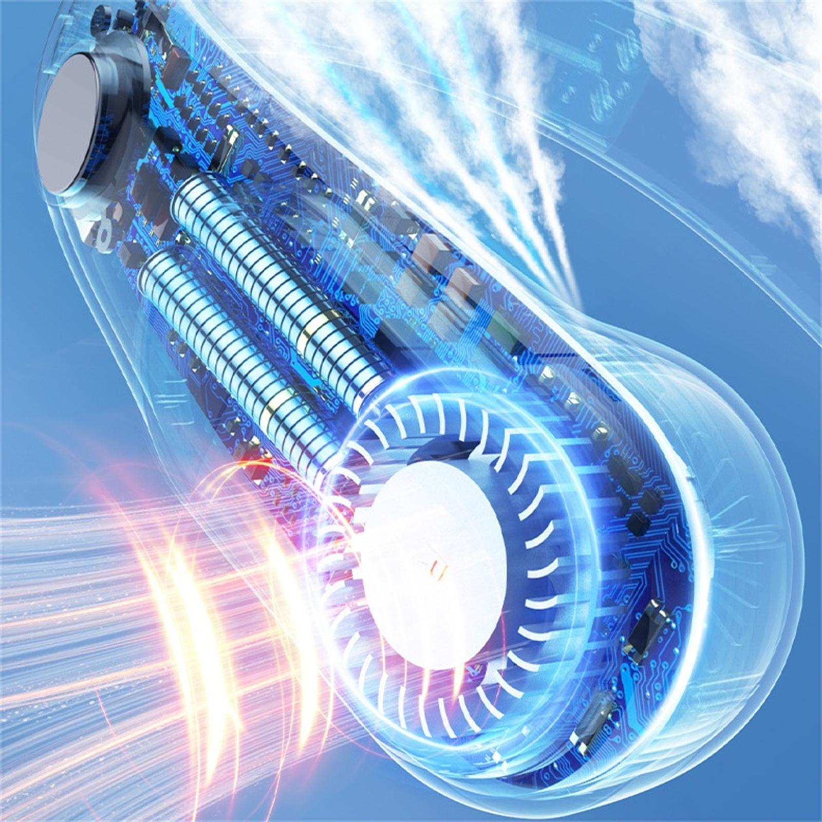 Ein futuristisches Gerät mit Leiterplatten, Zylindern und einem Ventilator. Blaue und orangefarbene Lichtstreifen vor blauem Himmel.