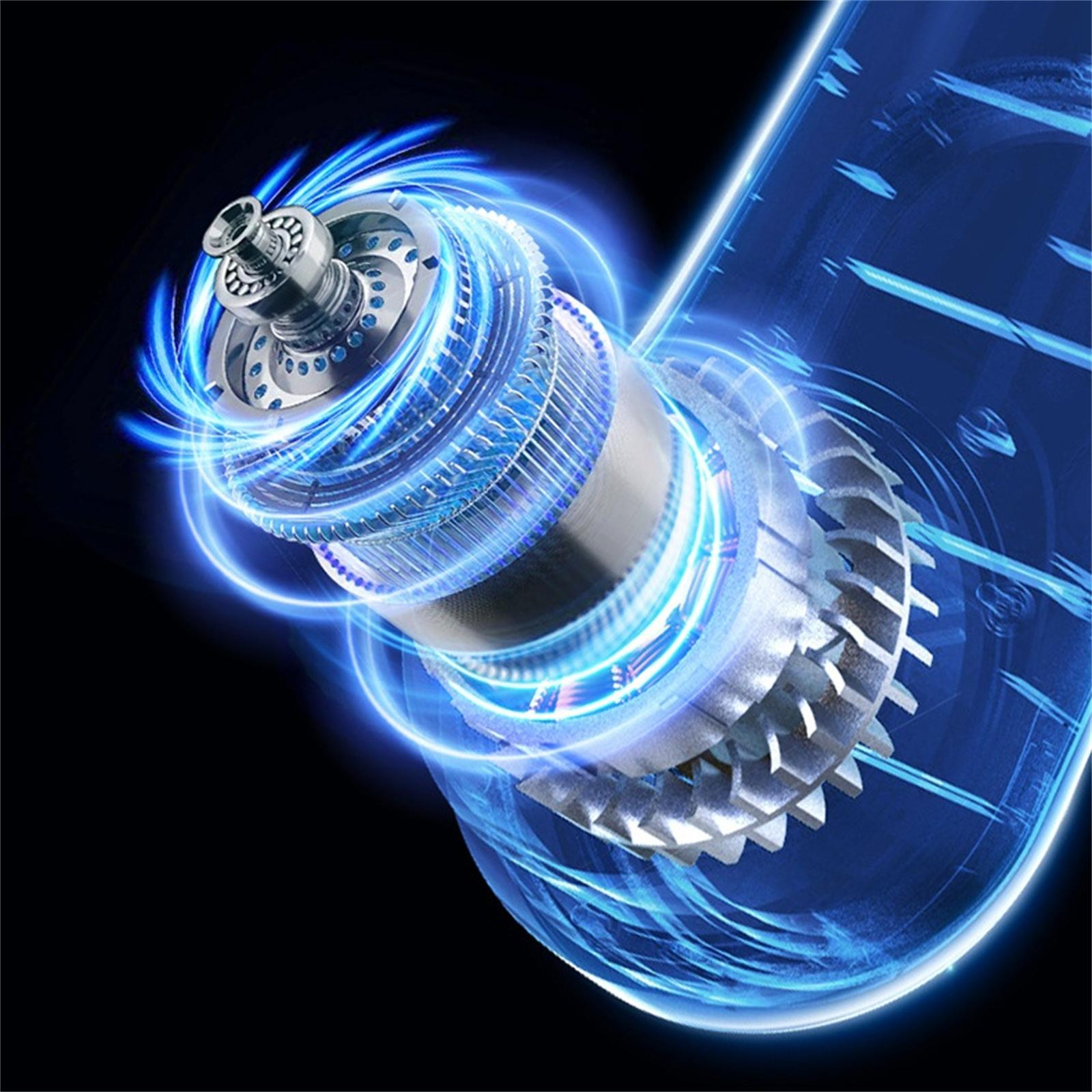Nahaufnahme einer mechanischen Komponente mit blau leuchtender Energie. Der Hintergrund ist schwarz.
