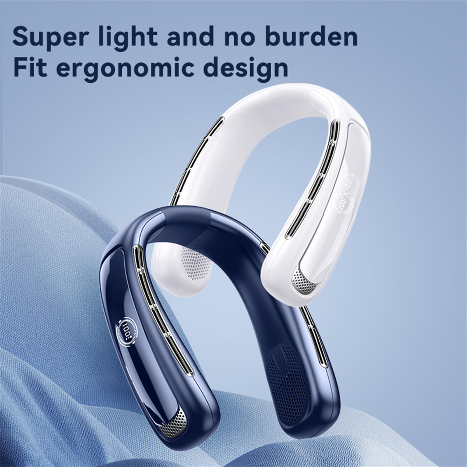 Zwei Nackenventilatoren, einer blau, einer weiß, überlappend. Oben steht: Superleicht und ohne Belastung, ergonomisches Design.