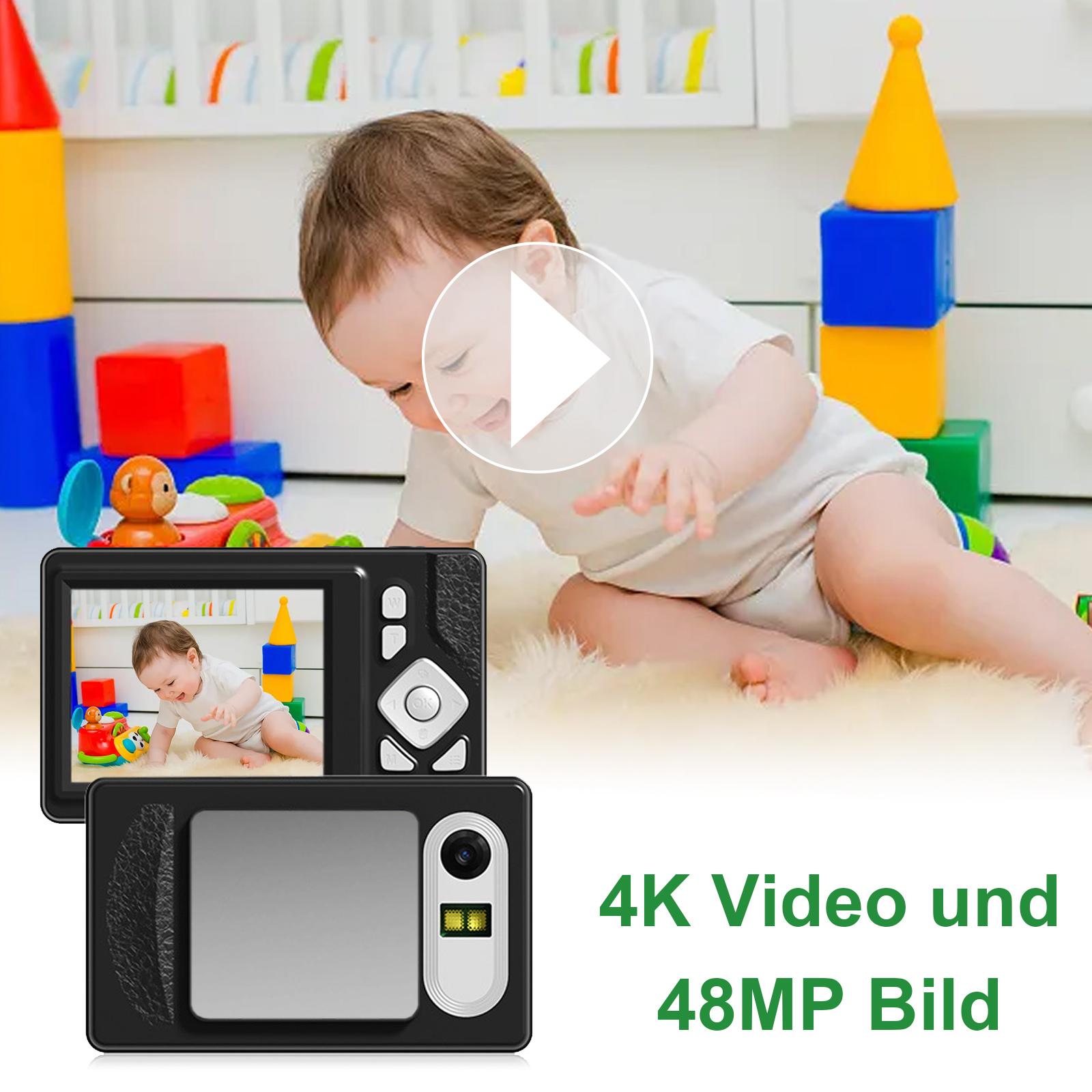 Ein Baby spielt mit Spielzeug. Eine Kamera zeigt das Baby und Spielzeug. Produkttext: 4K Video und 48MP Bild.