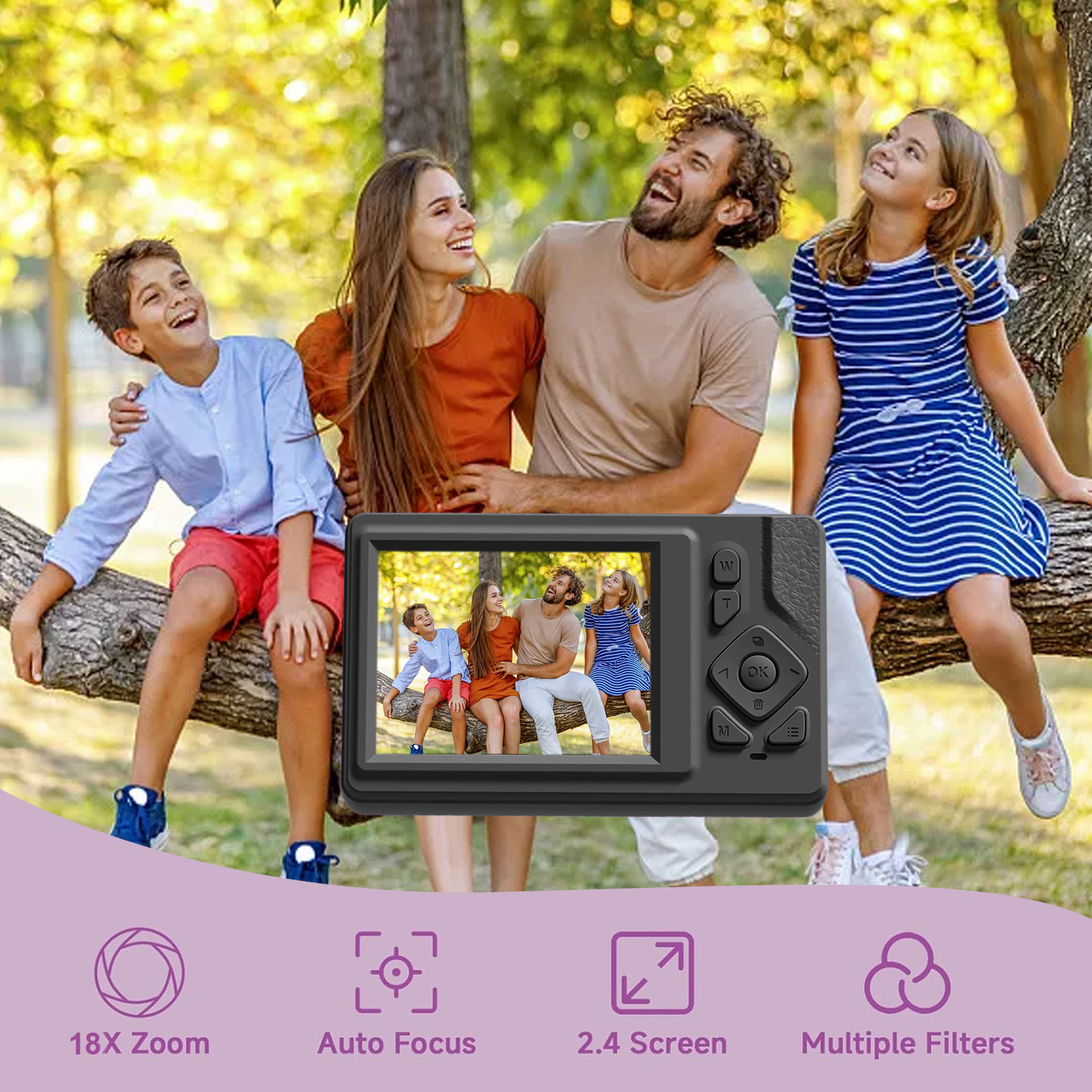 Eine Familie lacht auf einem Ast. Eine Kamera zeigt die Familie. Symbole für Zoom, Fokus, Bildschirm und Filter sind vorhanden.
