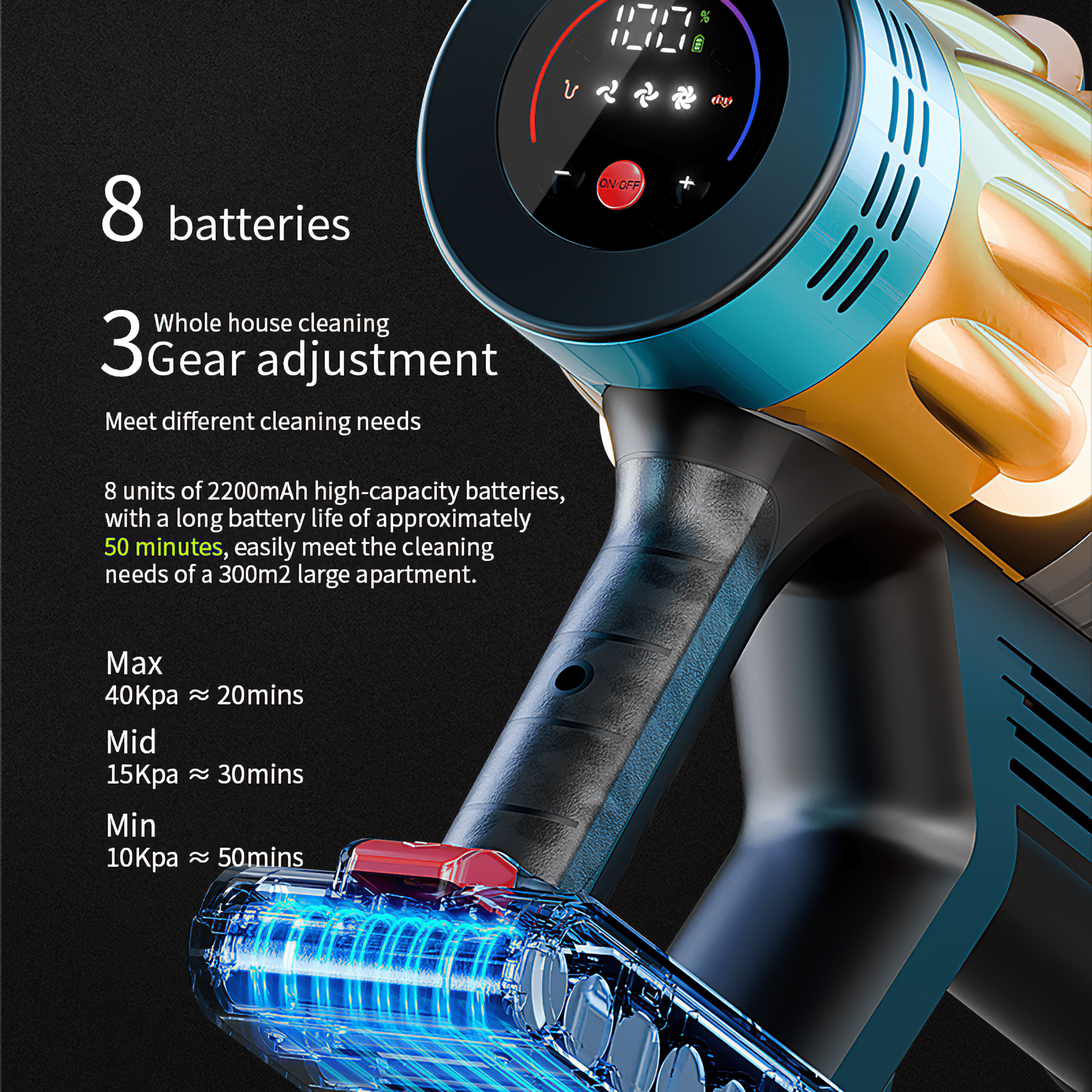 Staubsauger mit Leistungs- und Batteriedetails. Er hat 8 Batterien, 3 Gangeinstellungen und ein Digitaldisplay.