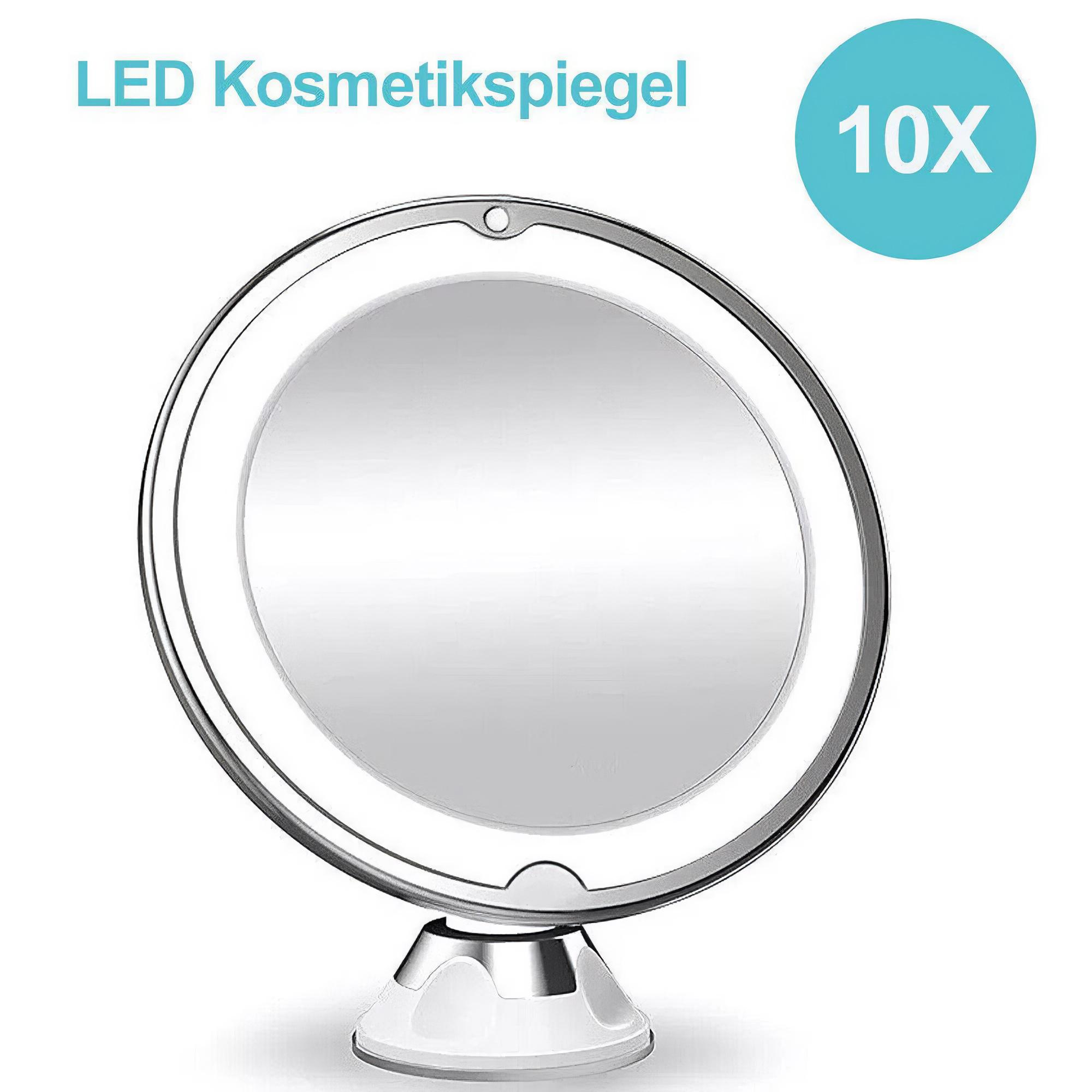 Ein runder LED-Schminkspiegel mit 10-facher Vergrößerung. Er ist verchromt und hat einen Saugnapf. Blauer Kreis mit 10X.