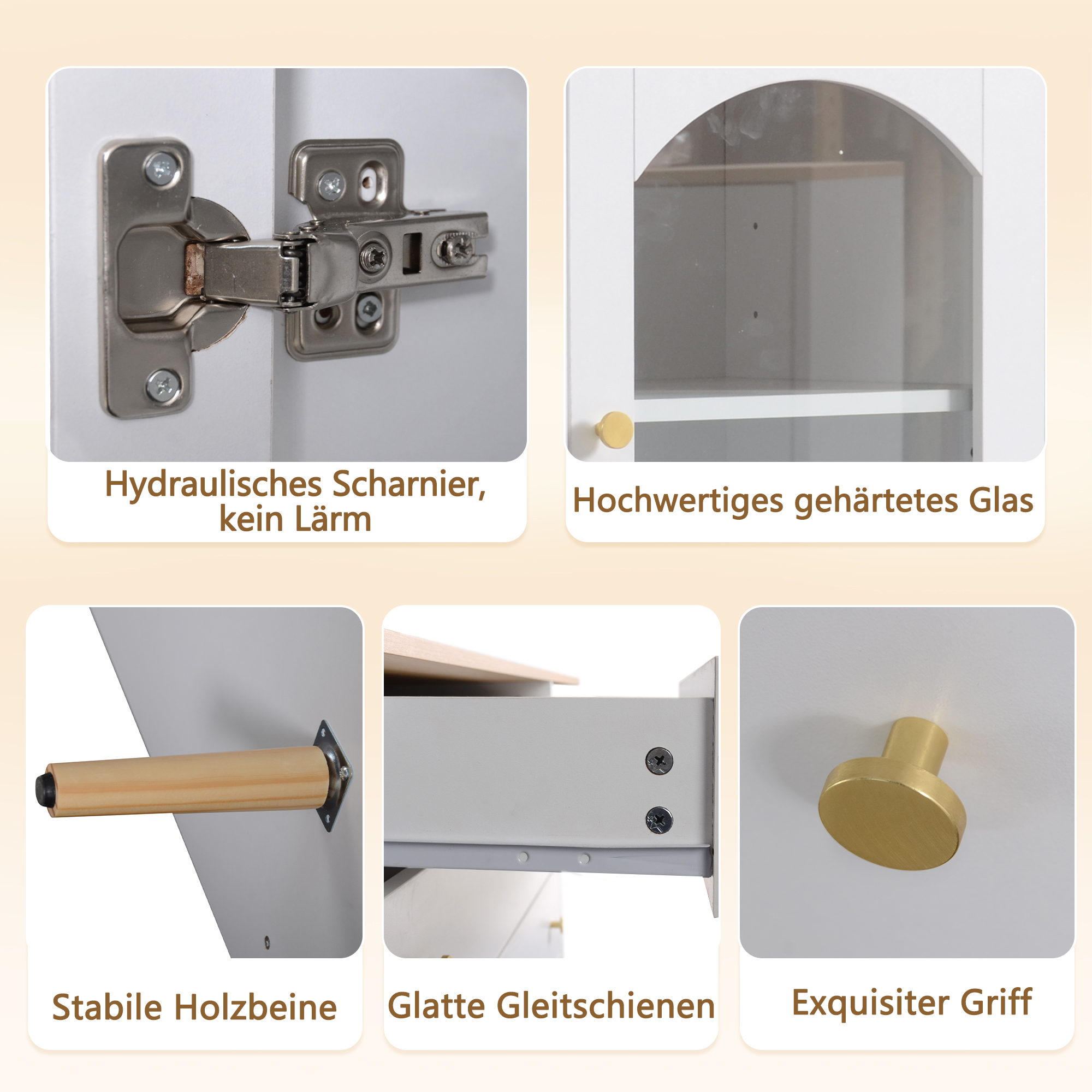 Möbelteile: Scharnier, Glastür, Holzbeine, Schubladenschienen und Griff. Alles in Weiß- und Goldtönen.