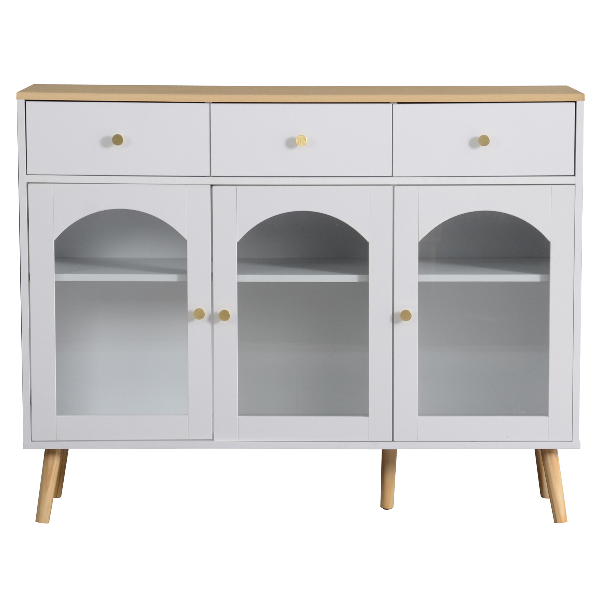 Weißer Schrank mit drei Schubladen, drei Glastüren und Holzbeinen. Goldene Griffe.