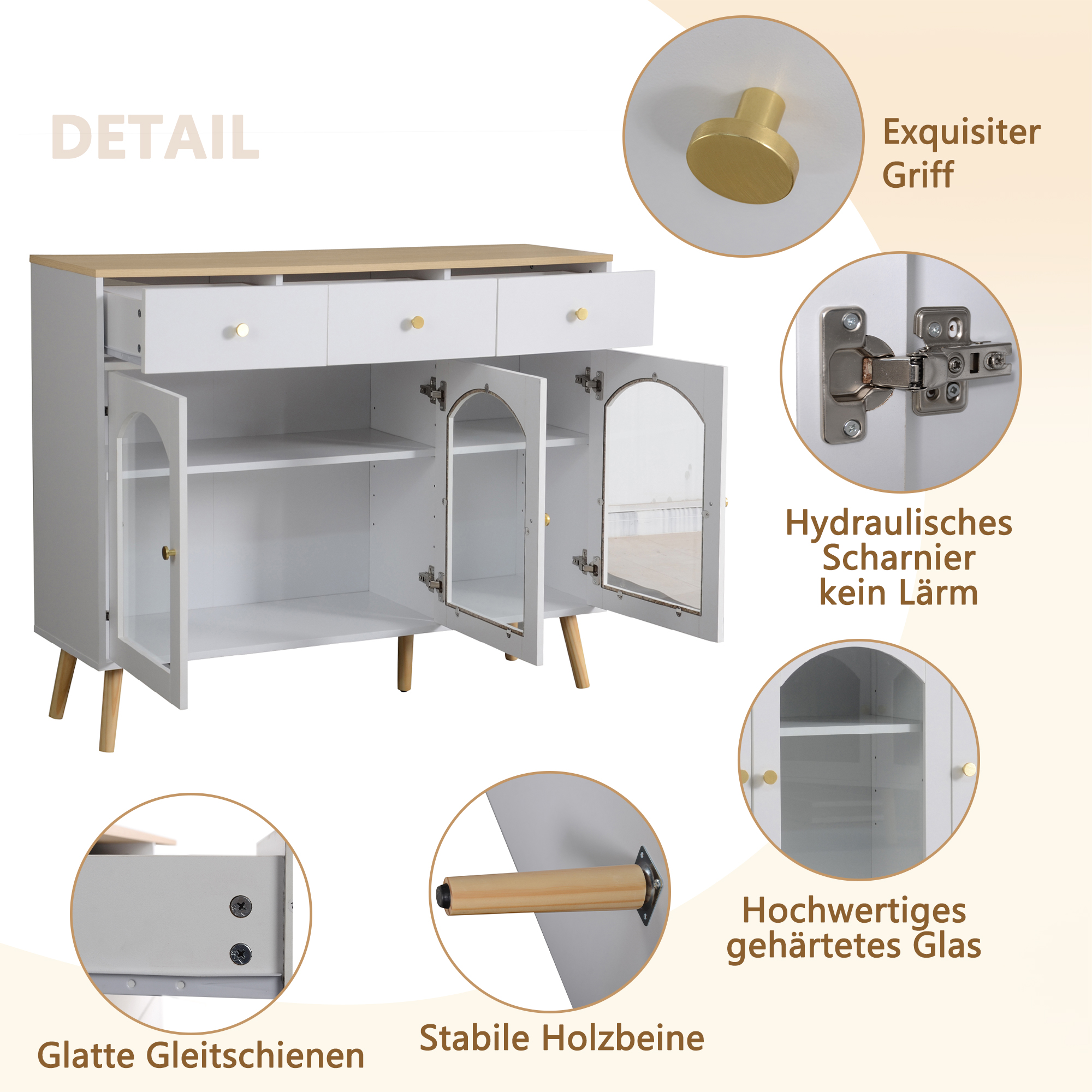 Weißer Schrank mit Holzplatte, Schubladen und Glastüren. Goldene Griffe und Holzbeine. Details umfassen Gleitschienen und Scharniere.