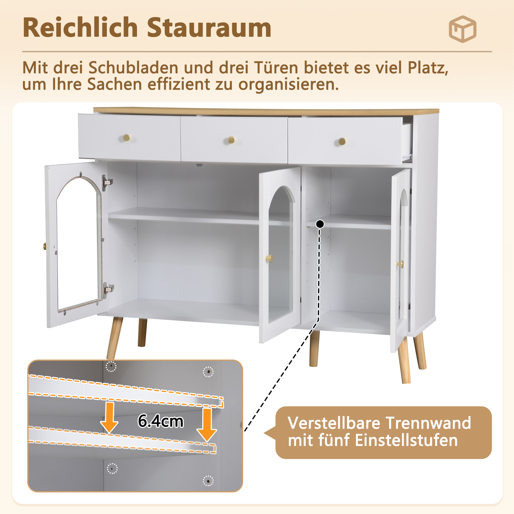 Weißer Schrank mit 3 Schubladen, 3 Türen. Er hat Holzbeine und goldene Knöpfe. Verstellbare Regale.