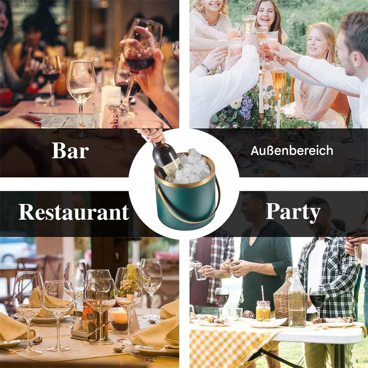 Bilder zeigen Szenen: Bar, Restaurant, Party und Feier im Freien. Weingläser, Eisbehälter mit Flasche, anstoßende Personen und Esstisch.