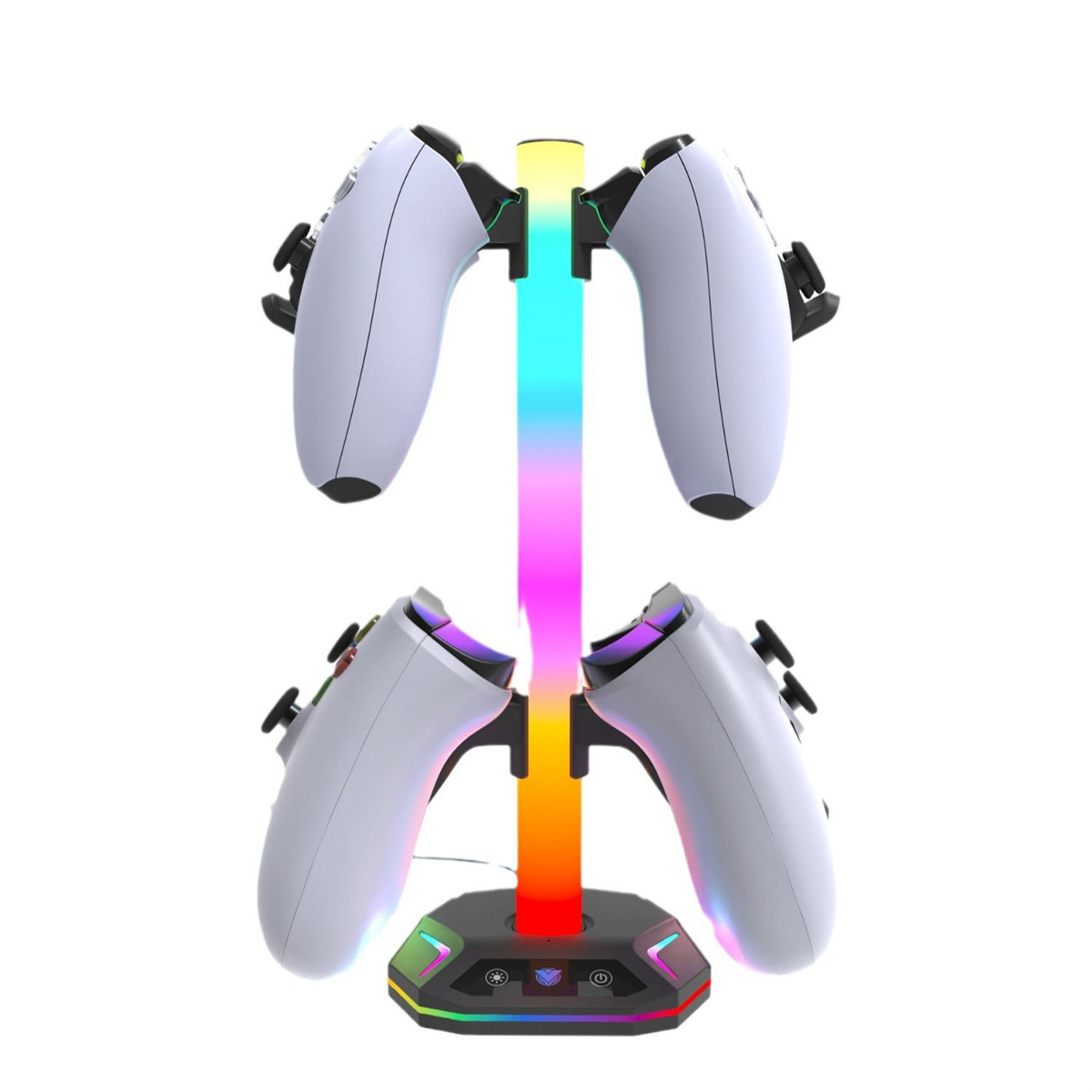 Weiße Gamecontroller-Ladestation mit bunten Lichtern. Vier Controller sind auf der Station platziert.