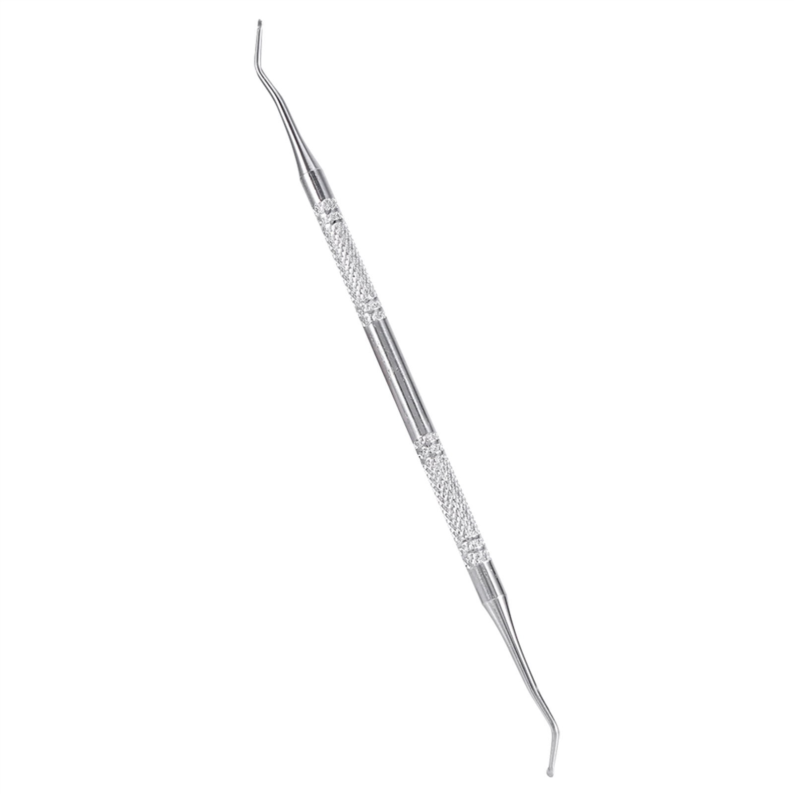 Ein Dentalwerkzeug mit zwei spitzen Enden. Es ist silberfarben und hat einen strukturierten Griff in der Mitte.