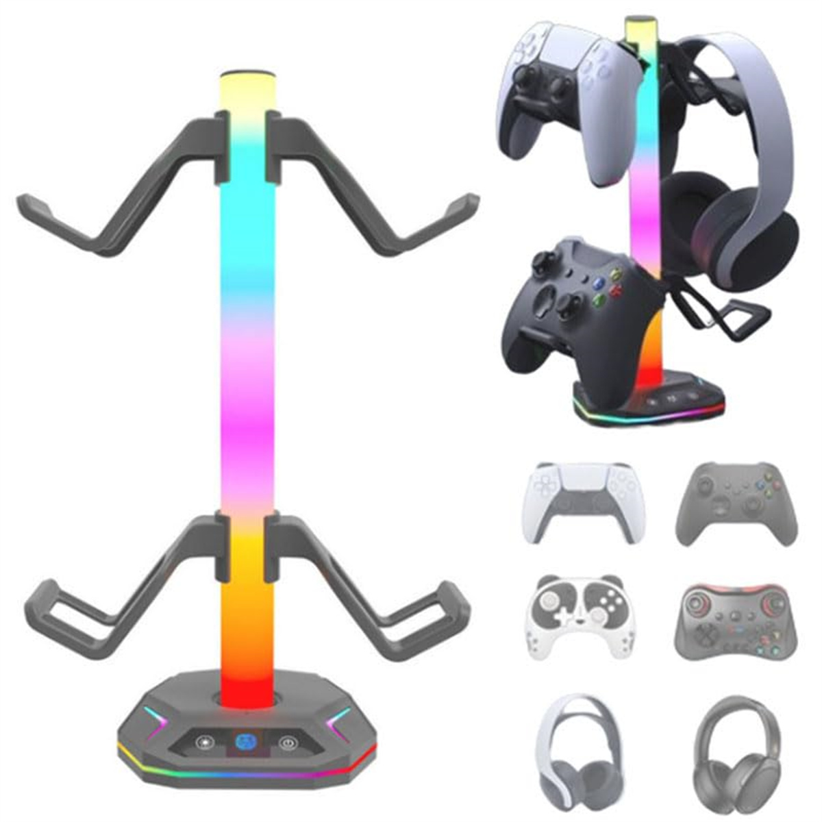 Gaming-Zubehörständer mit farbigen Lichtern. Enthält Controller und Headsets. Mehrere Controller-Designs werden angezeigt.