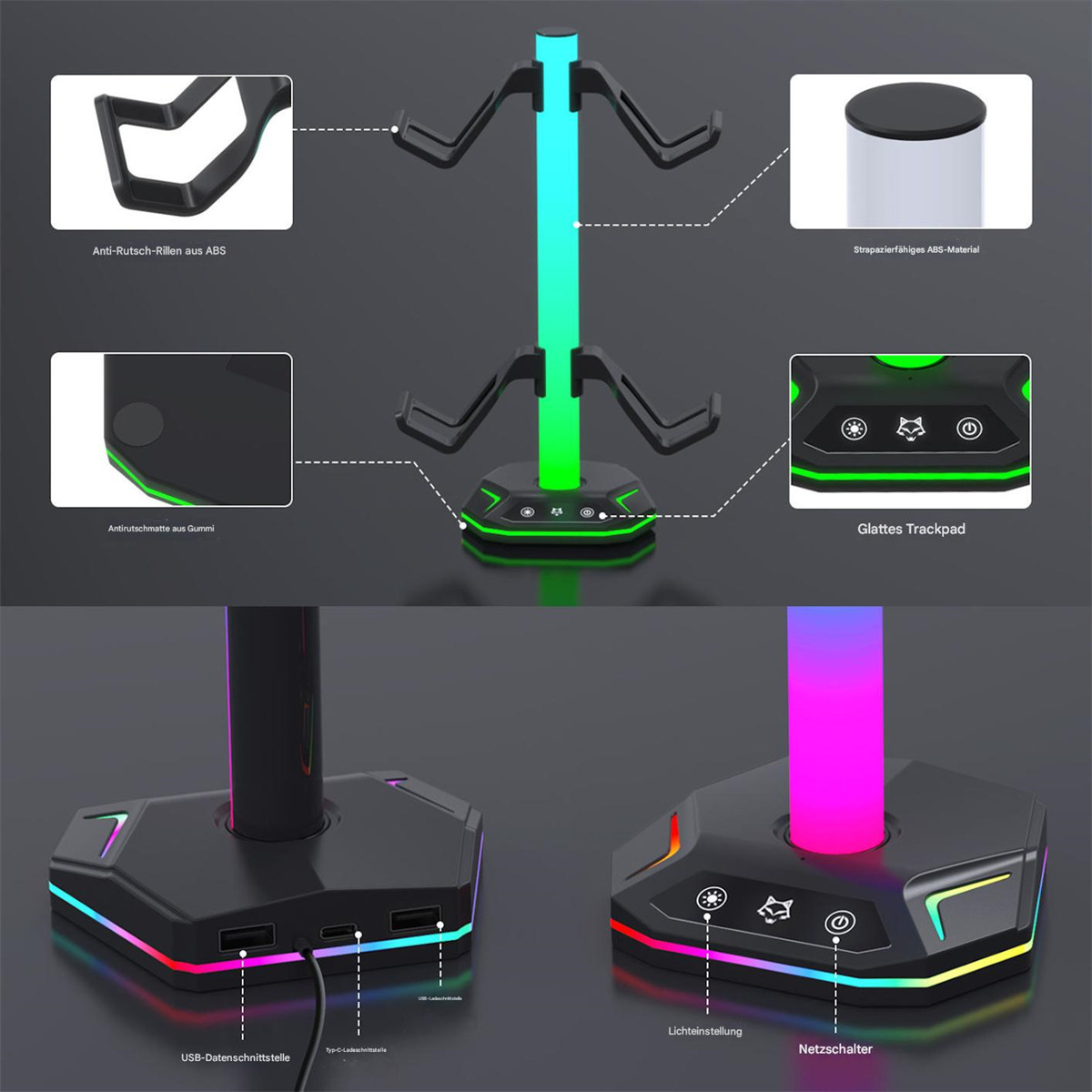 Gaming-Headset-Ständer. Schwarze Basis mit RGB-Lichtern, Headset-Haltern und einer zentralen Säule mit Farbwechsel-LEDs.