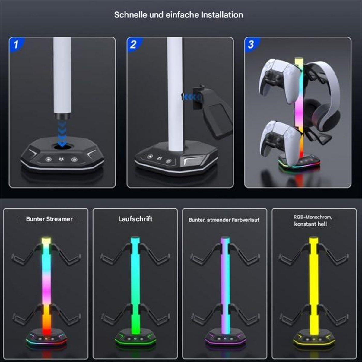 Produkt-Setup, das einen Spielkonsolenständer mit Controllern und Kopfhörern zeigt. Es hat RGB-Beleuchtung und verschiedene Modi.