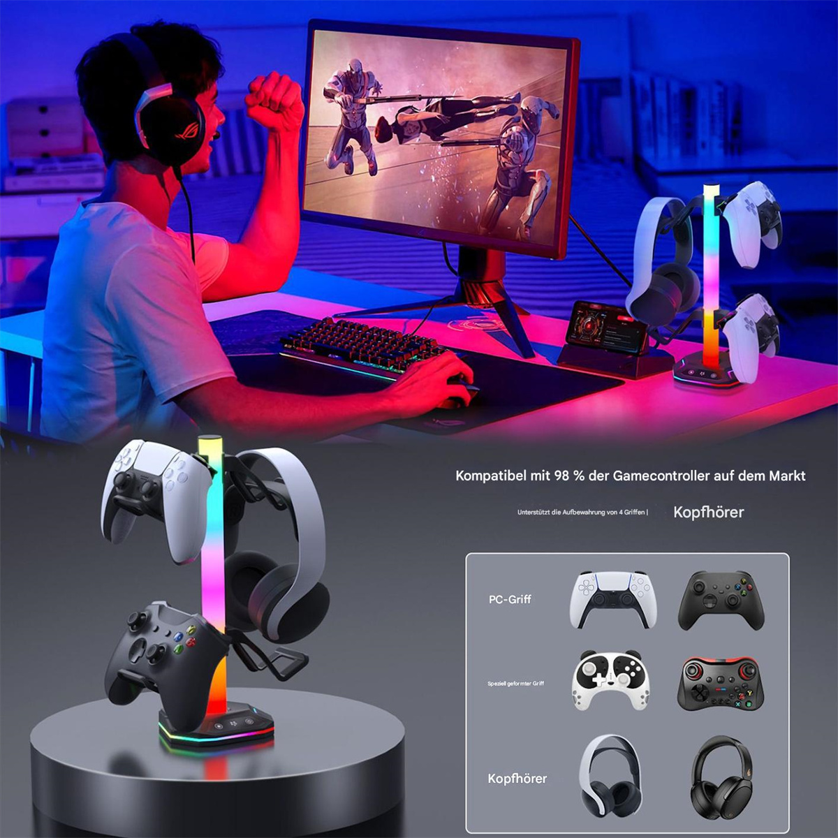 Eine Person spielt mit Kopfhörern. Gamecontroller und ein Headset-Ständer befinden sich im Vordergrund. Ein Monitor zeigt eine Spielszene.