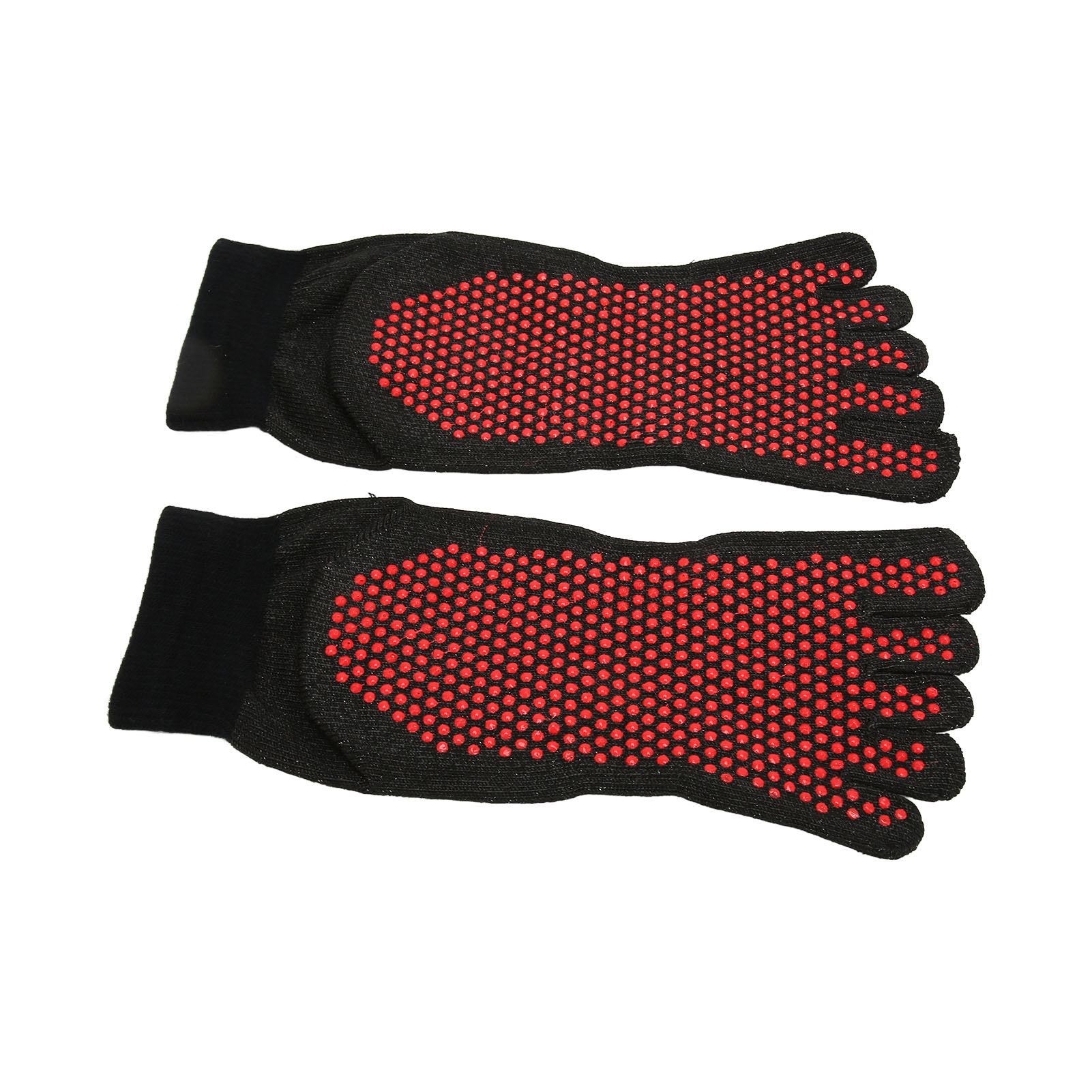 Zwei schwarze Zehensocken mit roten Punkten auf den Sohlen, isoliert auf weißem Hintergrund.