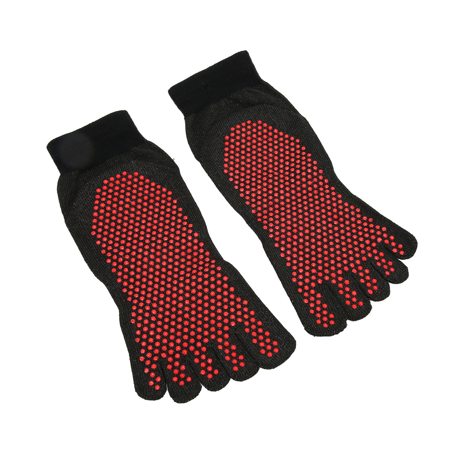 Paar schwarze Zehensocken mit roten gepunkteten Grip-Pads auf weißem Hintergrund.