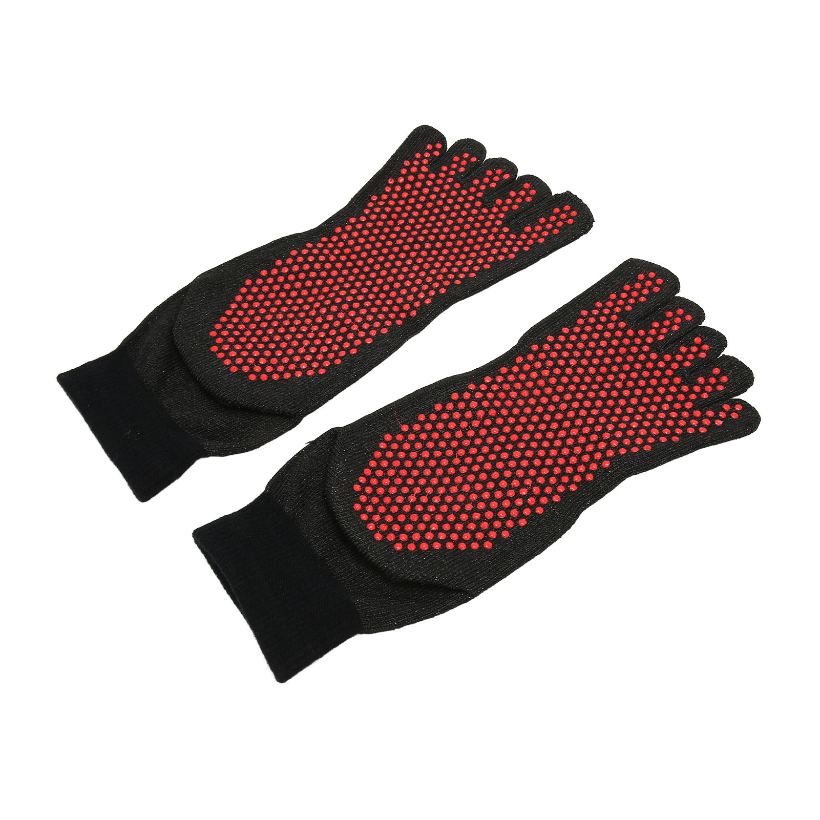 Zwei schwarze Zehensocken mit roten gepunkteten Griffen, auf weißem Hintergrund.