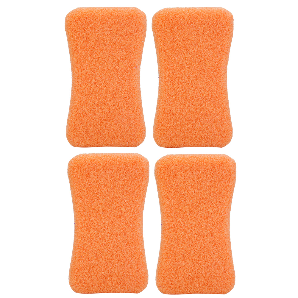 Vier orange Schwämme sind in zwei Reihen zu je zwei angeordnet. Jeder Schwamm hat eine strukturierte Oberfläche und eine Sanduhrform.