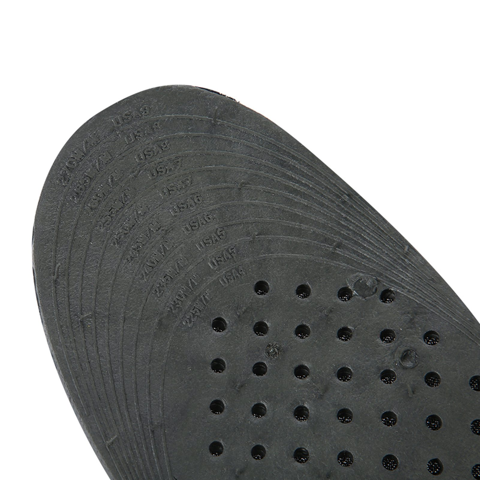 Nahaufnahme von schwarzen Schuheinlagen mit Größenmarkierungen und Perforationen. Der Hintergrund ist weiß.