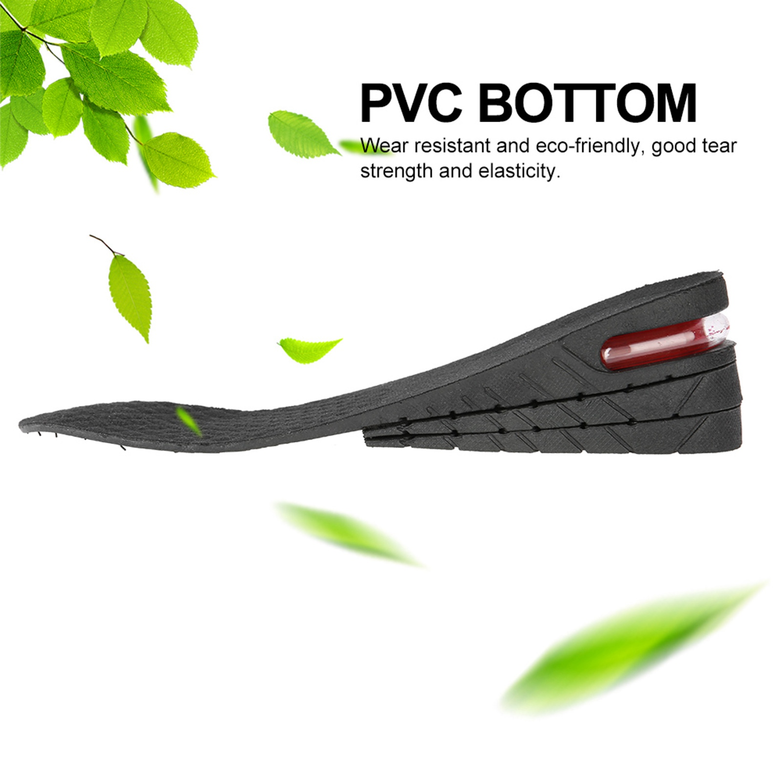 Schwarze Schuheinlage mit Luftkissen. Grüne Blätter schweben herum. Text: PVC-BODEN, verschleißfest, umweltfreundlich.