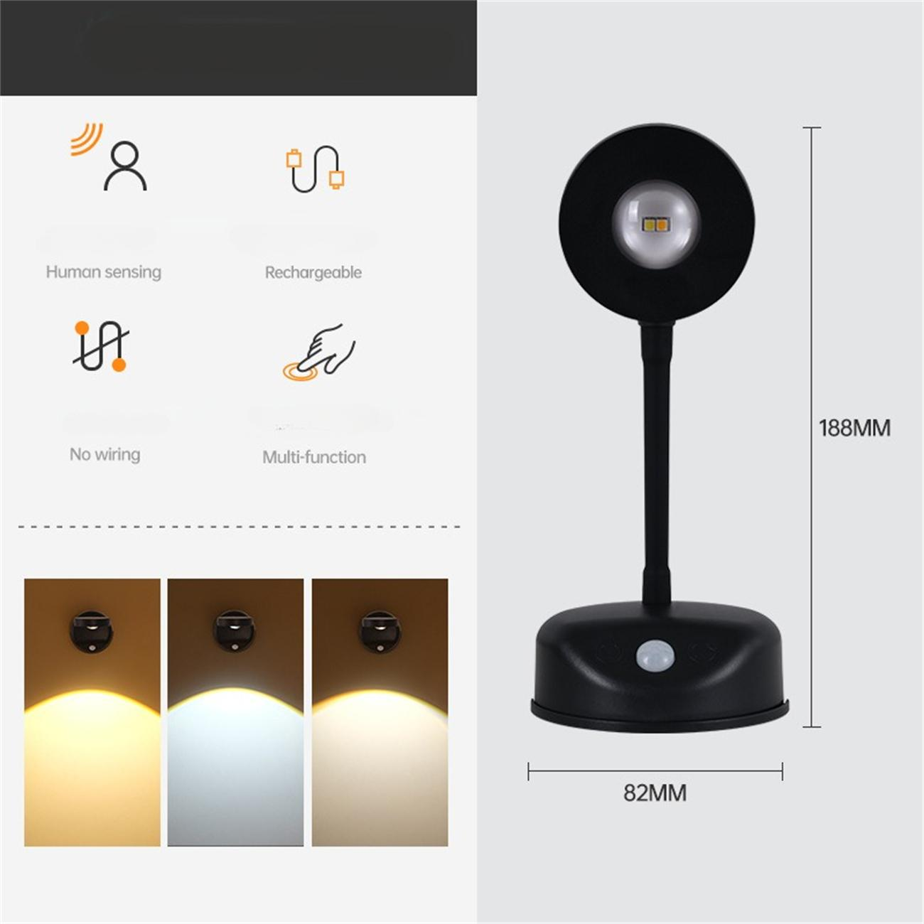Schwarze Schreibtischlampe mit Personenerkennung, wiederaufladbar und multifunktional. Sie hat drei Lichtmodi und Abmessungen.