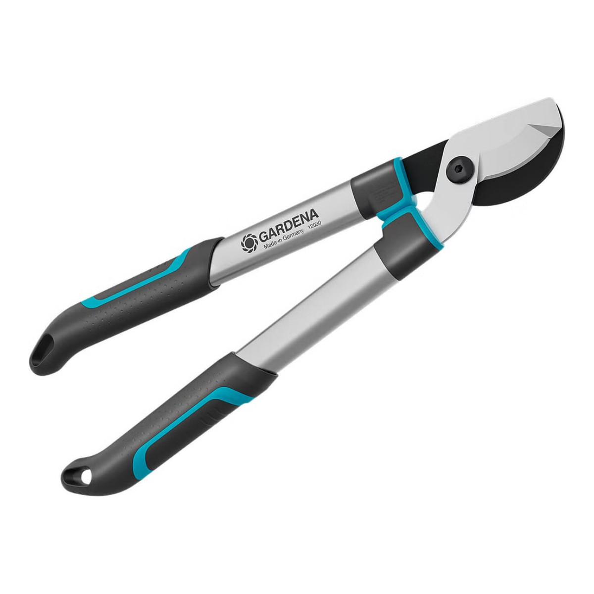 Sekator Gardena na białym tle. Srebrne ostrza i uchwyty z czarnymi i turkusowymi uchwytami. Widoczna nazwa marki i pochodzenie.