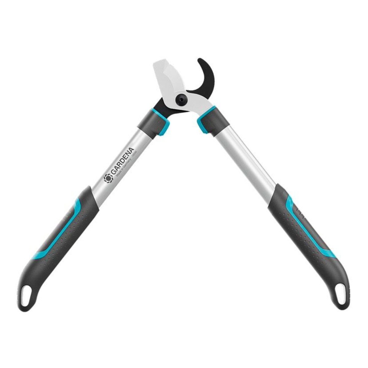 Nożyce ogrodowe, otwarte, srebrne, czarne i turkusowe. Białe ostrza, zakrzywione czarne ostrze na górze. Uchwyty z uchwytem.