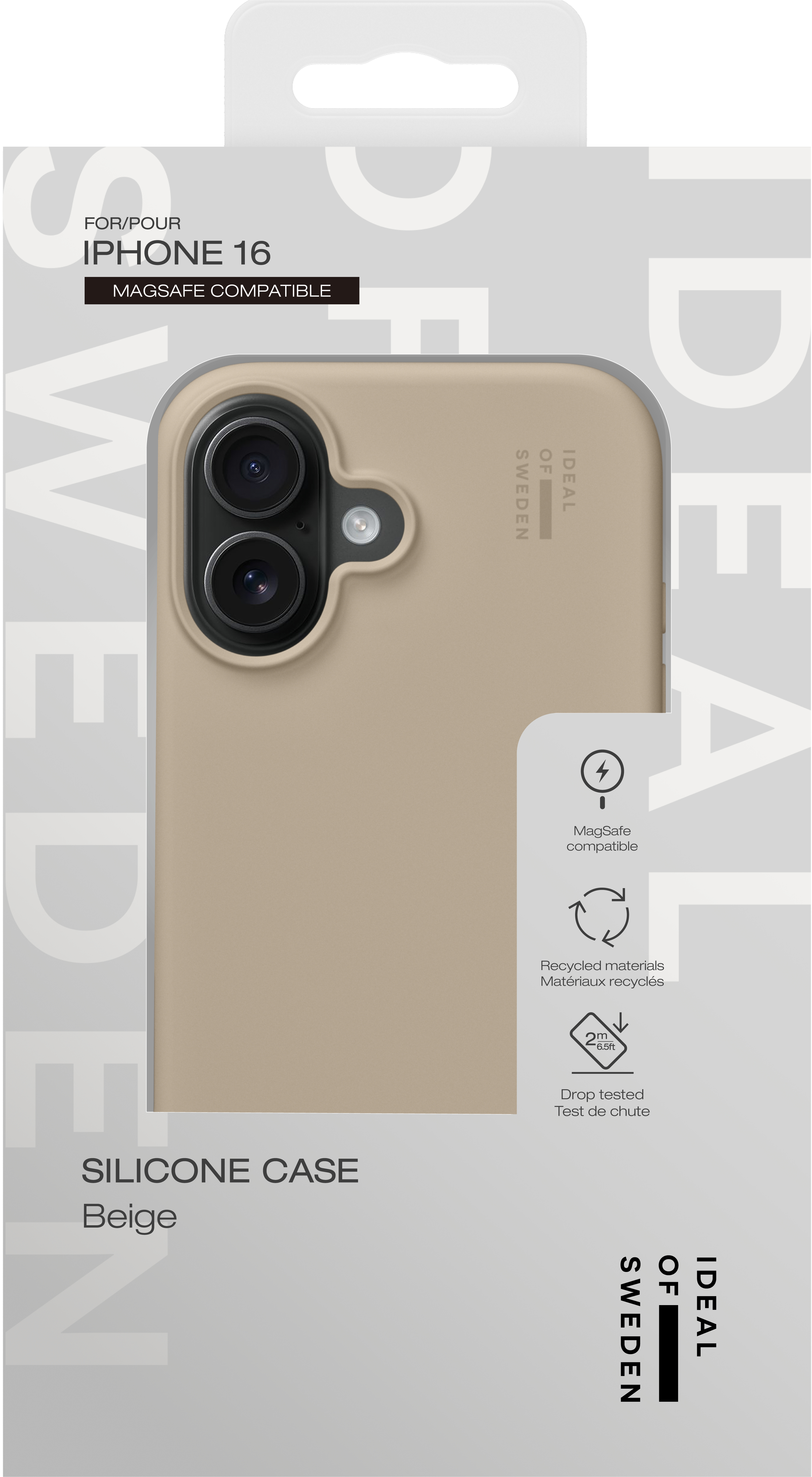Beige iPhone 16 Silikonhülle mit MagSafe. Merkmale: Falltest, recycelte Materialien. Die Hülle ist von Ideal of Sweden.