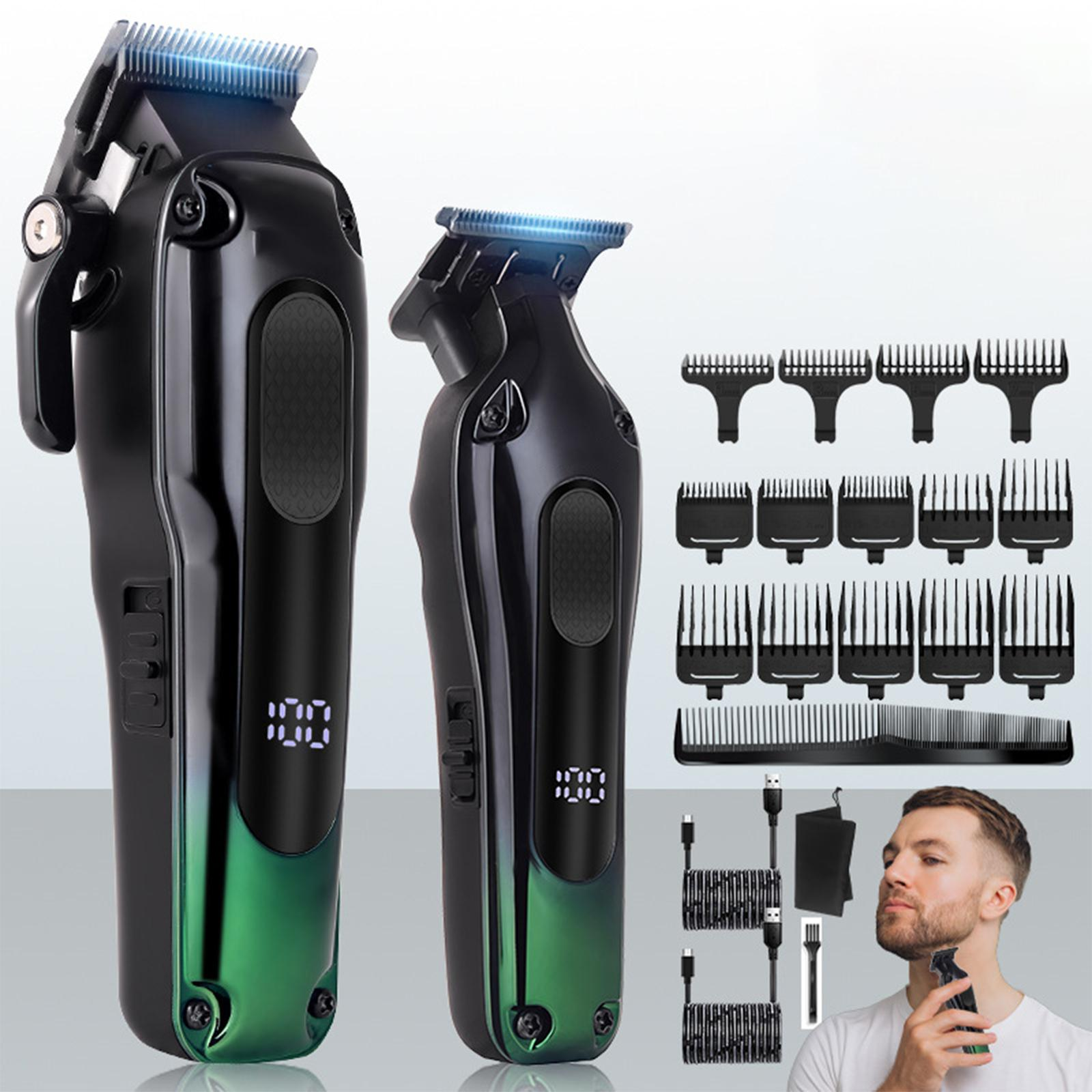 Zwei schwarze Haarschneidemaschinen mit Aufsätzen und ein Mann, der eine Maschine benutzt. Zubehör: Kämme und Ladekabel.