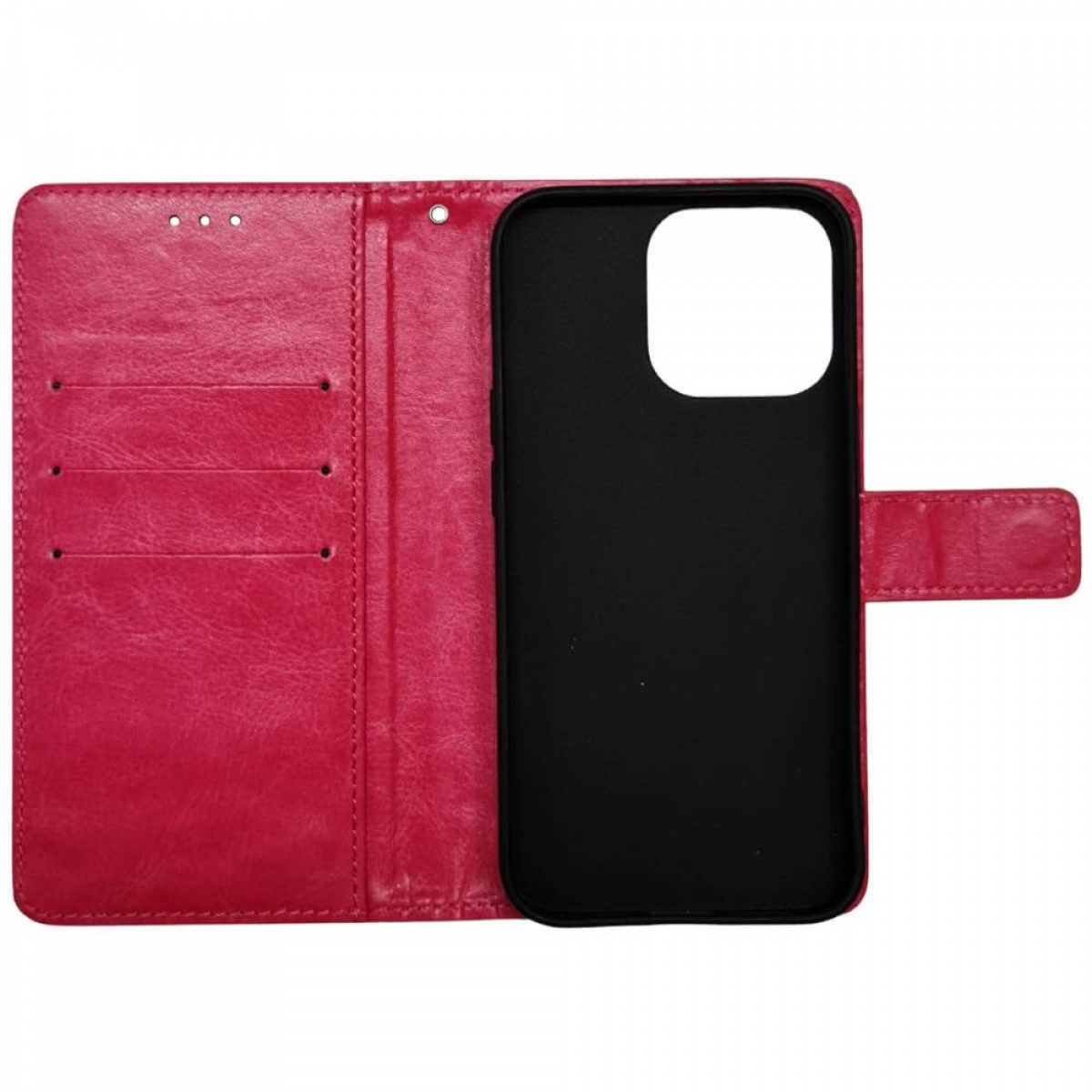 Offene pinkfarbene Leder-Handyhülle mit schwarzem Innenraum. Die Hülle hat Taschen, eine Telefonhalterung und einen Verschlussriemen.