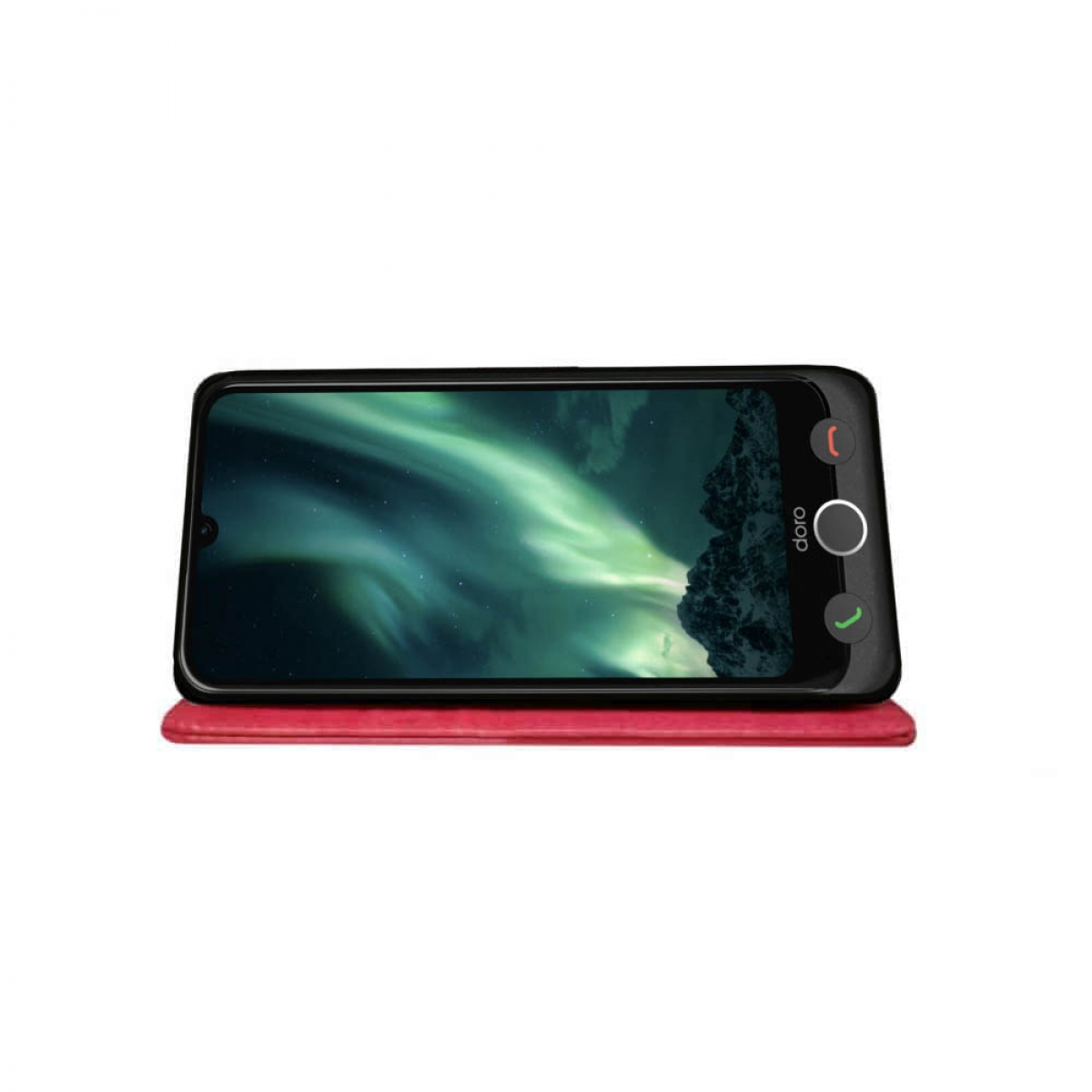 Schwarzes Smartphone, Bildschirm zeigt grüne Aurora Borealis, ruht auf einem roten Etui. Es hat ein 'doro'-Logo.